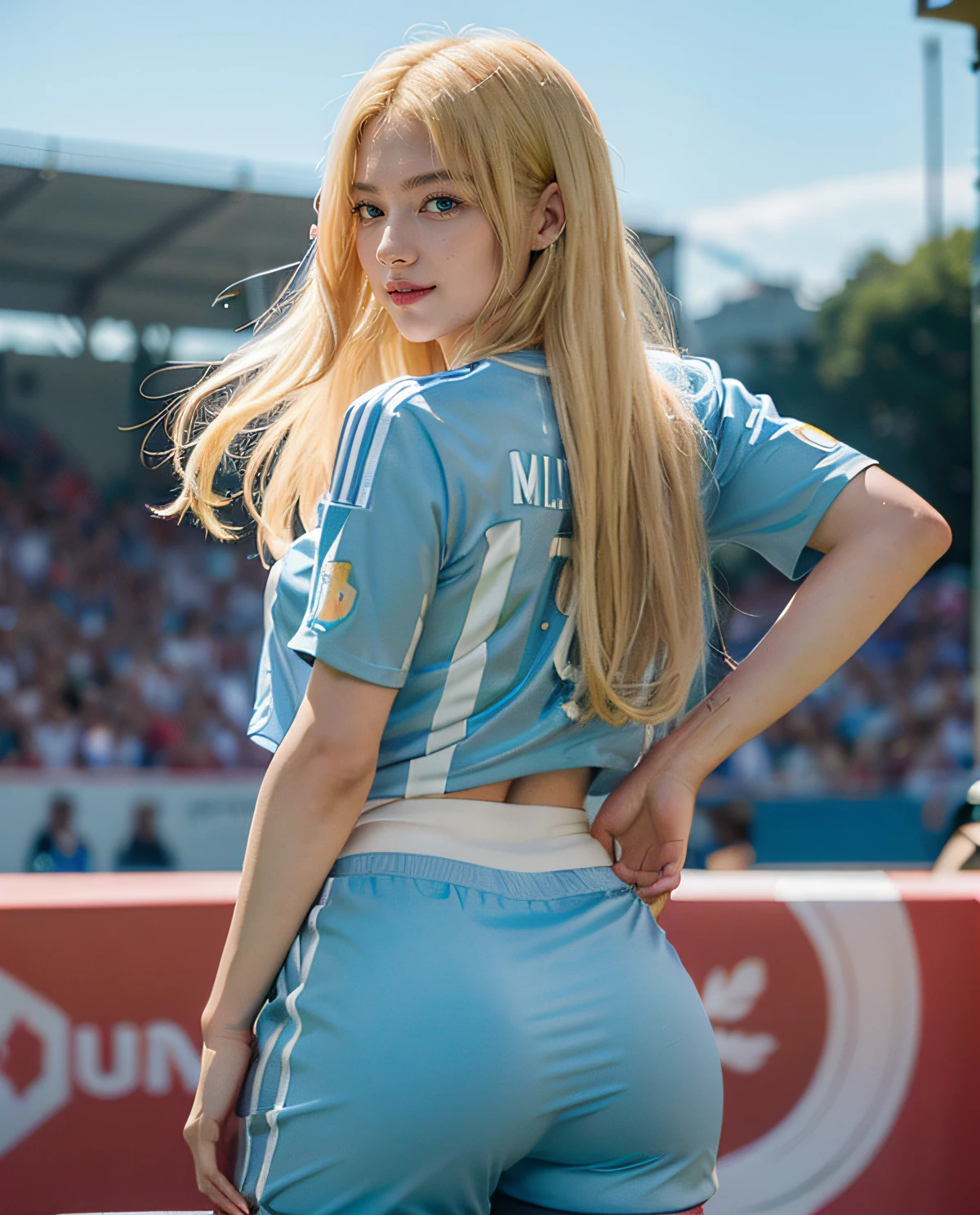 1girl, Blue eyes, (smile), (Sana Minatozaki), wide hips, Big , big ass, (Best Quality, 8k, Masterpiece: 1.3), perfect hands, Clear Focus: 1.2, Perfect Body Beauty: 1.4, strong abs :1.2, Highly detailed face and skin texture, detailed eyes, double eyelids, (blonde long hair :1.2), (white sports t-shirt :1.2), (white mini sports shorts :1.3), look back, view from back, in the stands, on a football field