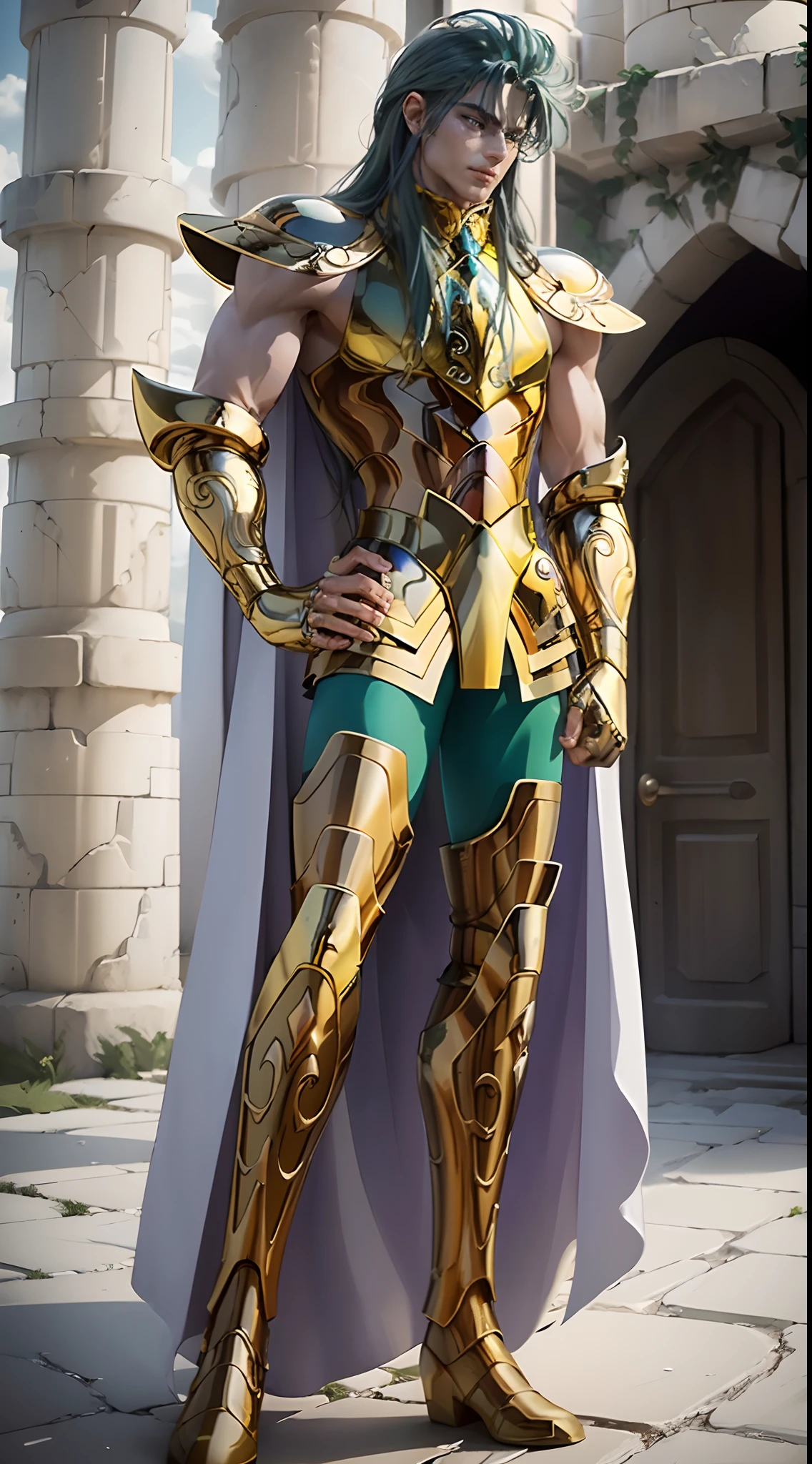 A man, male details, Degel Aquarius from Saint Seiya, masterpiece, best quality, highly detailed RAW color photo, sharp focus, 8k high definition, reading glasses, holding a book, long hair, turtle neck, male wearing gold armor, light turquoise green hair, tight-fitting green undergarment beneath armor, purple eyes, leg armor, shoulder armor, yellow armor, reflection on armor, headset, yellow headband, sparking armor, white skin-tight transparent vinyl, gentle smile, in an open and well-lit Coliseum with Greek pillars and garden with flowers, Aquarius Armor, standing straight, sacredness, landscape, bright, facial freckles (0.1), to8contrast style, posing in a bright Coliseum with Greek pillars, rim lighting (1.4), two-tone lighting with soft highlights, octane, unreal, well-lit, aura of wisdom.