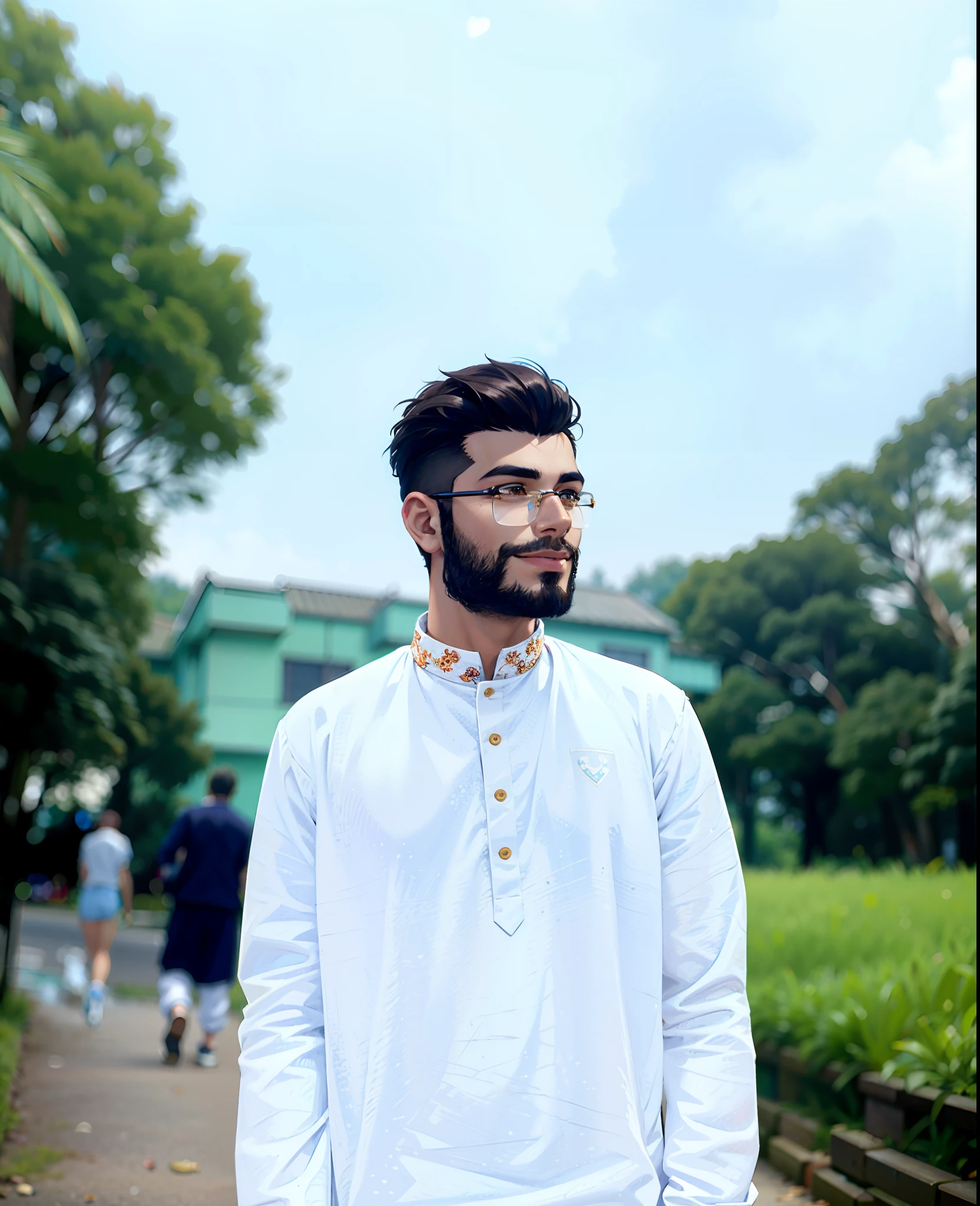 (masterpiece),(best quality:1.0), (ultra highres:1.0), detailed illustration, 8k, 1boy, anime boy, wearing punjabi, smiling, glassses, detailed face, perfect face, anime eyes, detailed eyes, dark brown eyes, detailed hair, highlights in hair, sunny, day time, highly detailed, anime style, vibrant