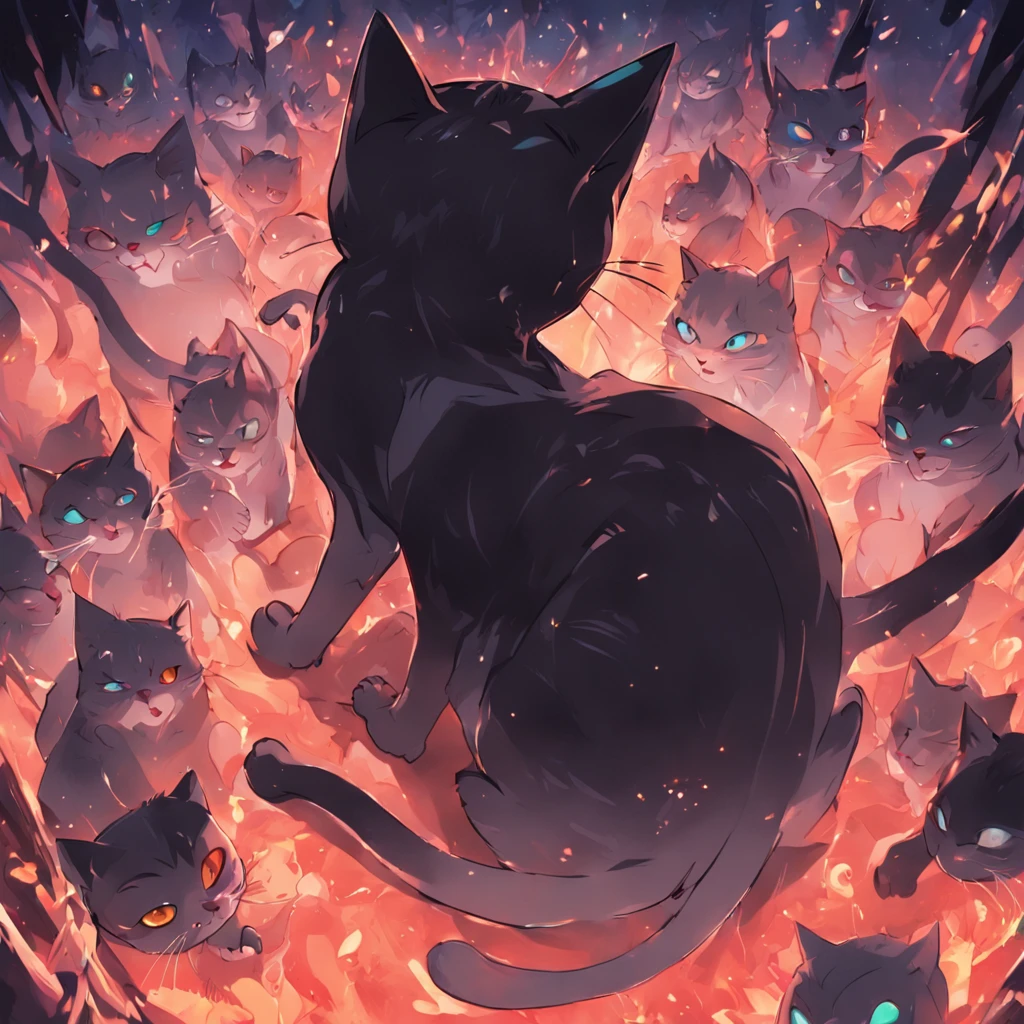 gatos preto cartoon, estilizado, anime, 2d, various positions