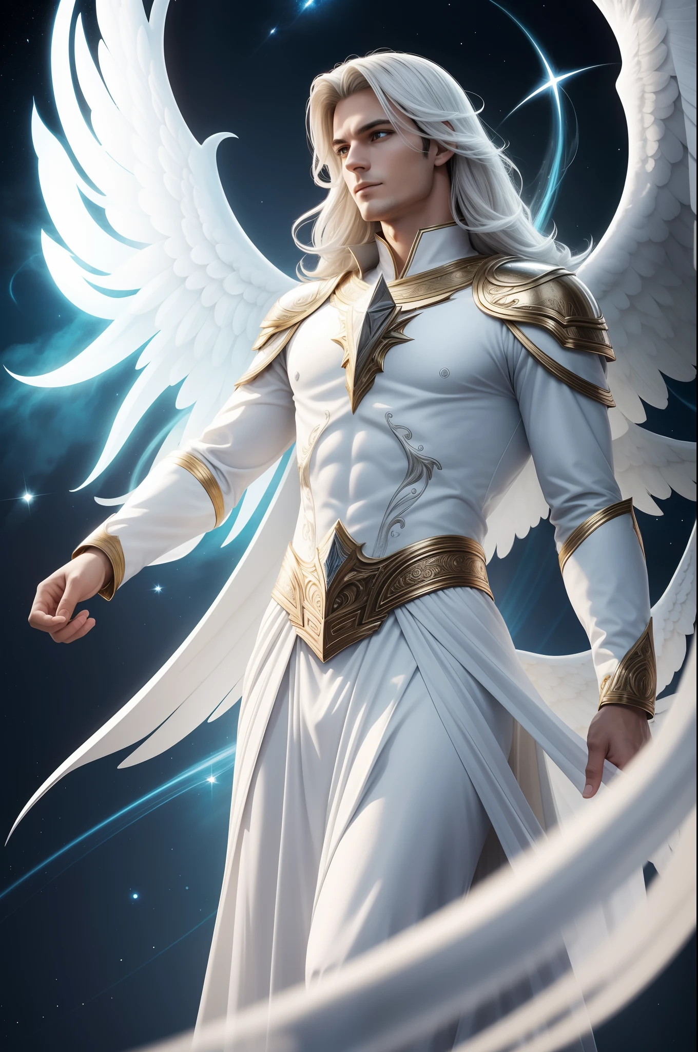 Descreva detalhadamente a figura de um homem, Archangel with angelic features turned completely to the left. Include information about your appearance, como o cabelo branco, longo e liso, as asas brancas e angelicais em suas costas, bem como sua beleza extremamente marcante, charme, elegance and the angelic sensation that emanates from it. Imagine it in a scenario with a white background, banhado por uma luz radiante, e explore como esses elementos se combinam para criar uma imagem cativante e celestial. (HOMEM)