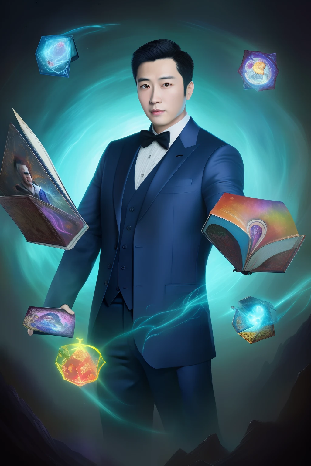 (best qulity,The Masterpiece),(Ultra-detailed colors),A detailed painting depicting A handsome 35-year-old Chinese mature man in a suit surrounded by a flurry of glowing Magic The Gathering cards and the book Dungeons and Dragons in the center.