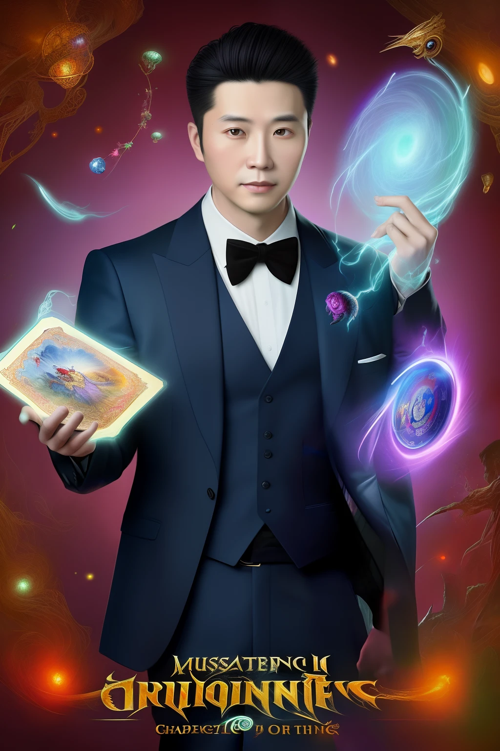 （best qulity，The Masterpiece），（Ultra-detailed colors），A detailed painting depicting A handsome 35-year-old Chinese mature man in a suit surrounded by a flurry of glowing Magic The Gathering cards and the book Dungeons and Dragons in the center.