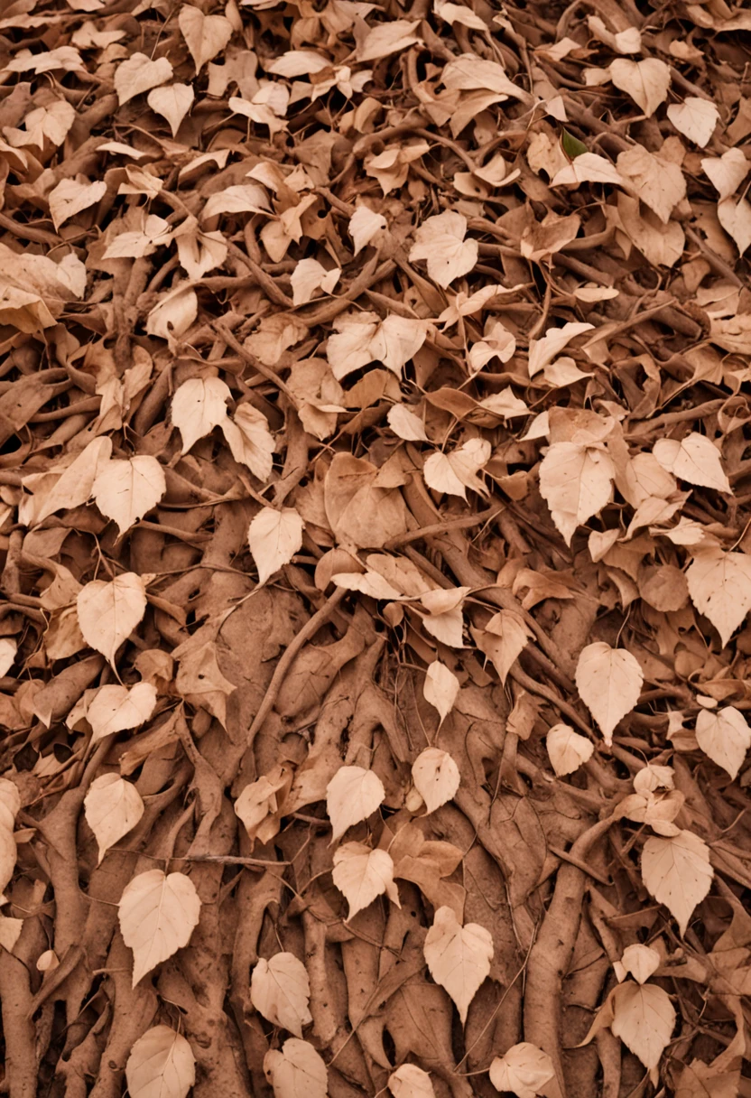 a tree of dry branches and fallen leaves on the ground