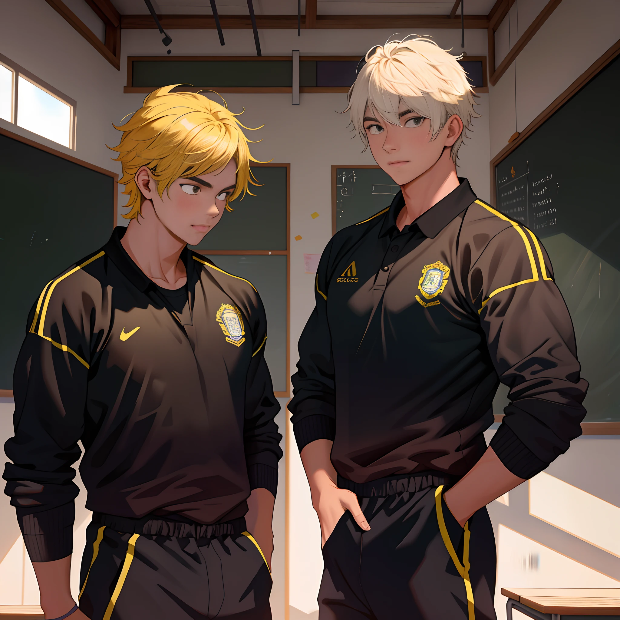 2boys , Parlero,  dentro, (obra maestra, La mejor calidad, absurdos ), escuela,Classroom, Ropa deportiva,looking at eachother , rubor claro,