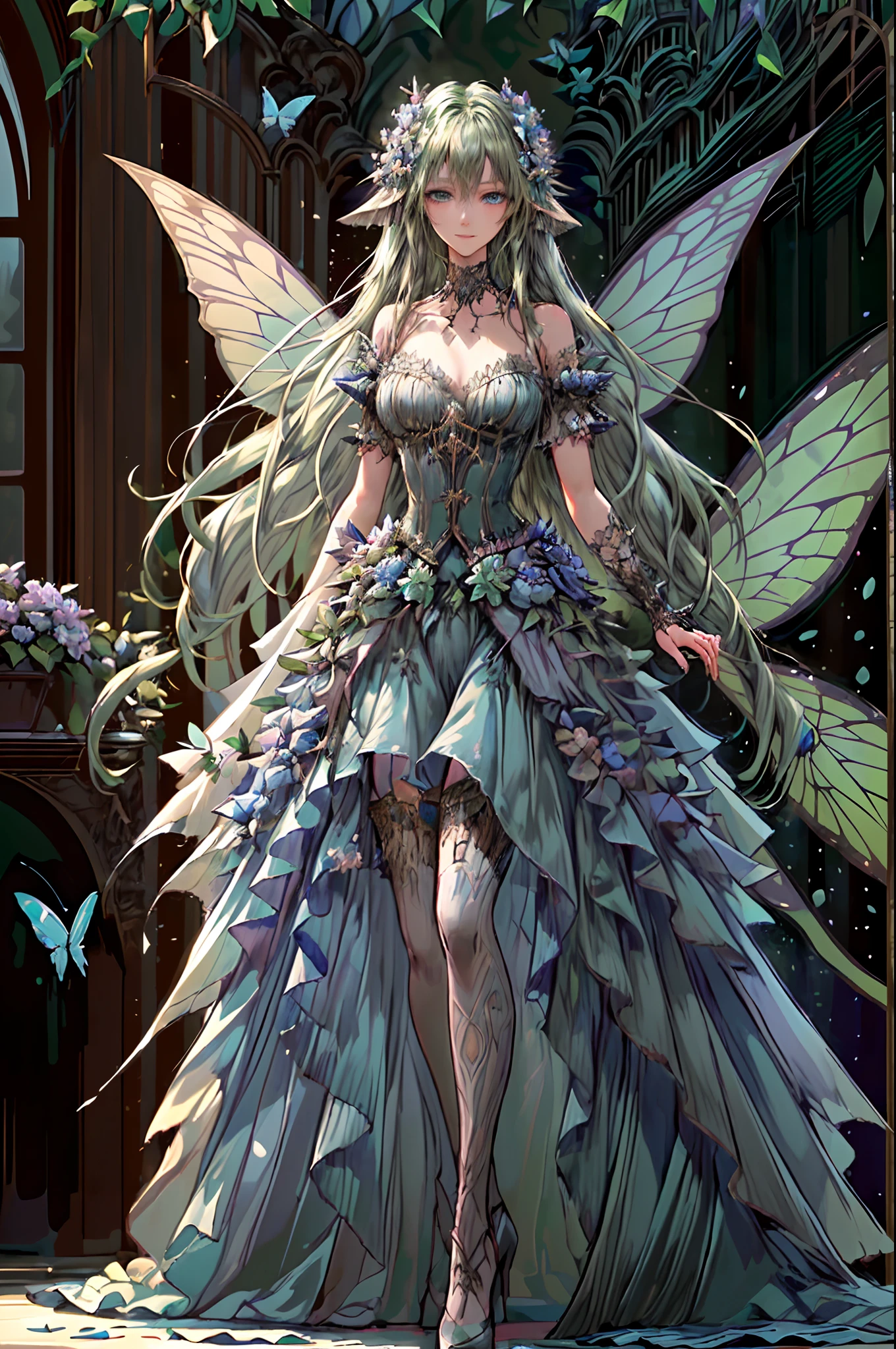 high details, best quality, 16k, RAW, [best detailed], masterpiece, best quality, (extremely detailed), full body, ultra wide shot, photorealistic, fantasy art, RPG art, D&D art, a picture of a fairy selling flowers in a florist shop, extremely beautifil fairy, ultra feminine (intense details, Masterpiece, best quality), butterfly wings (intense details, Masterpiece, best quality), multy colors wings (intense details, Masterpiece, best quality), light green hair, long hair, shinning hair, flowing hair, shy smile, innocent smile, blue eyes, wearing bright skirt, dynamic elegant shirt, chocker, wearing high heels, in flower shop (intense details, Masterpiece, best quality), extreme many flowers (intense details, Masterpiece, best quality), colorful flowers (intense details, Masterpiece, best quality), flower shop in a modern era street, High Detail, Ultra High Quality, High Resolution, 16K Resolution, Ultra HD Pictures, Ultra Realistic, Clear Details, Realistic Detail, Ultra High Definition