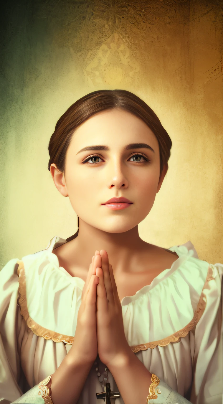 Arafed image of a woman in a white dress with a rosary, majestosa mulher de santo, Annasophia Robb como Joana D'Arc, praying posture, pintura digital renascentista, retrato centrado, Retrato da Virgem Maria, praying, retrato close-up da deusa, Catholic, retrato de alta qualidade, orar meditando, Mulher judia bonita, religioso, Retrato da Deusa