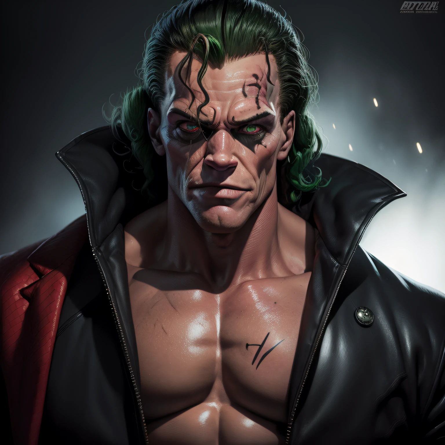 Retrato de Arnold Schwarzenegger ((((Coringa da DC)))), detalhes intrincados, perfect features, Dramatic, Cinematic lighting, Highlight lighting, SSAA, smooth rendering, no noise --testp --ar 2:3 --video --no lazy prompts