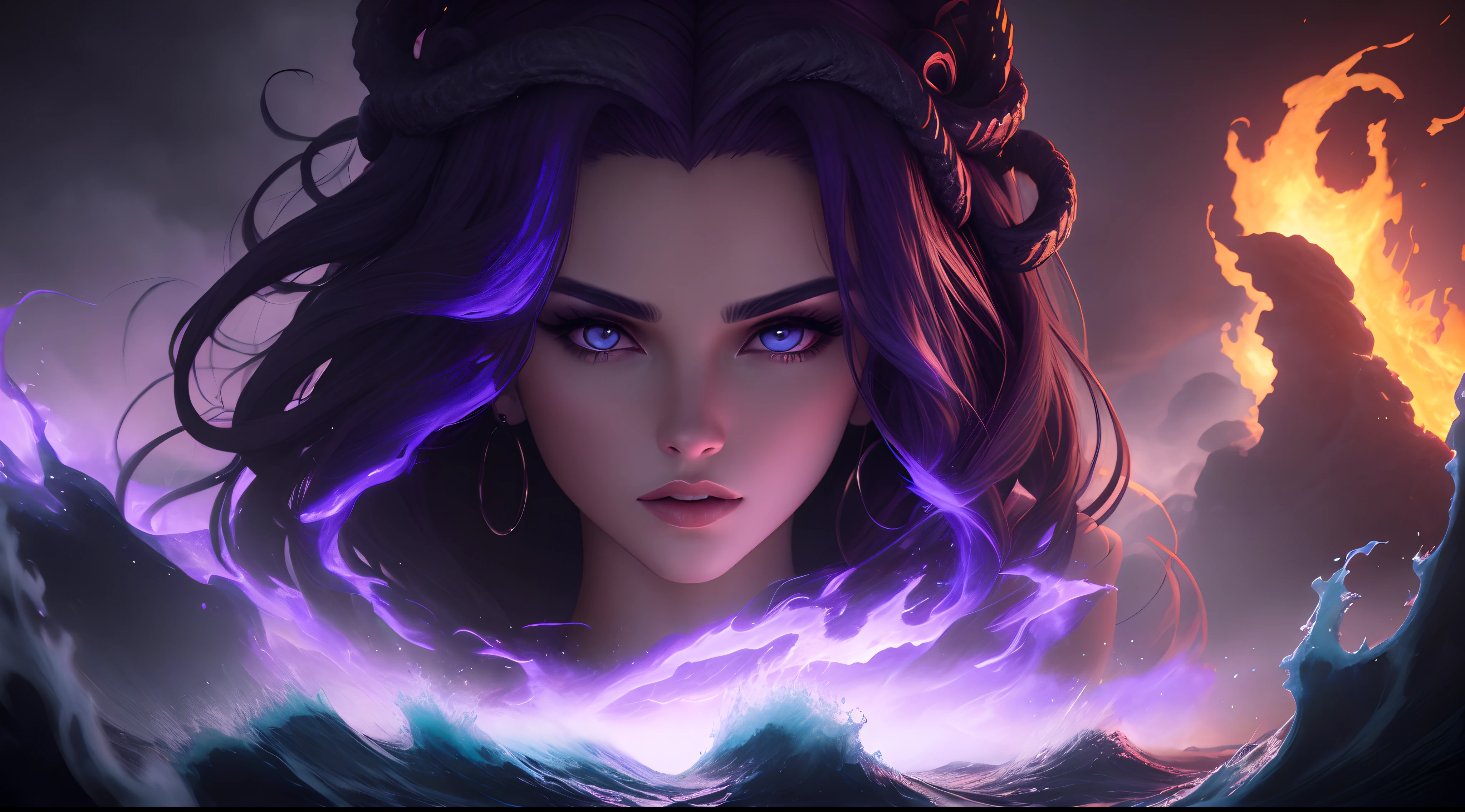 Beautiful Medusa with beautiful face emerging from a sea of fire, swirling clouds, purple and blue, dramatic lighting, epic composition, ethereal, dramatic, octane render, artstation