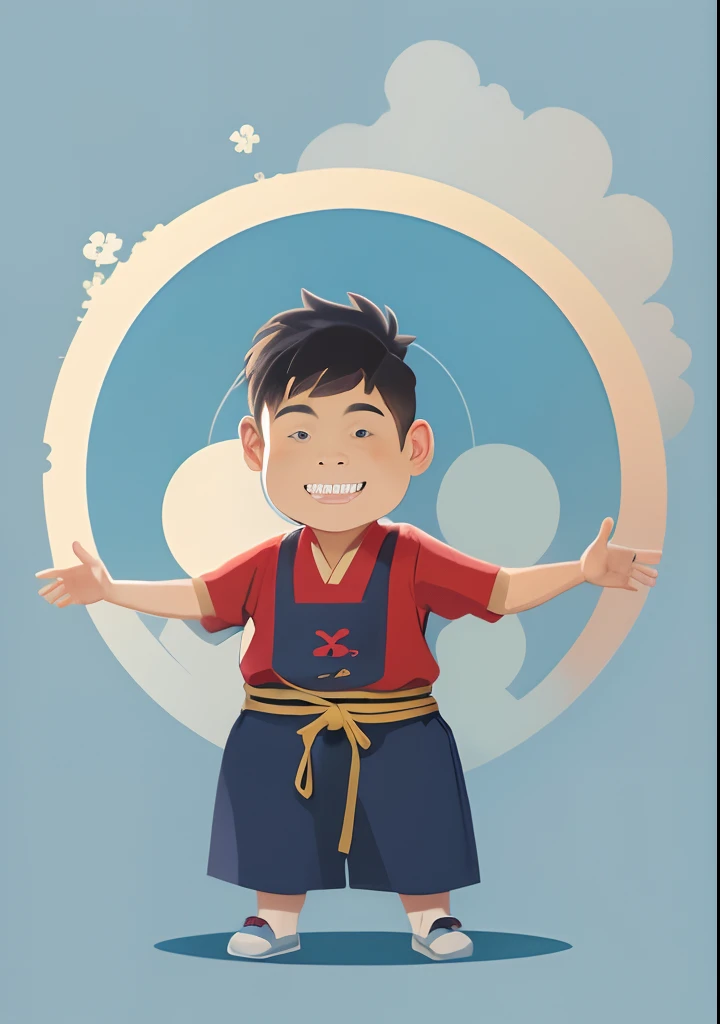 A cartoon of a boy in a red apron and a blue shirt, merged character, avatar for website, inspired by Gusukuma Seihō, nanquan, he is greeting you warmly, nihonga, Yan, mapo tofu cartoon, author：Sengai, Chinese, inspired by Ryuzaburo Umehara, upper body avatar, Zengetsu, asian man