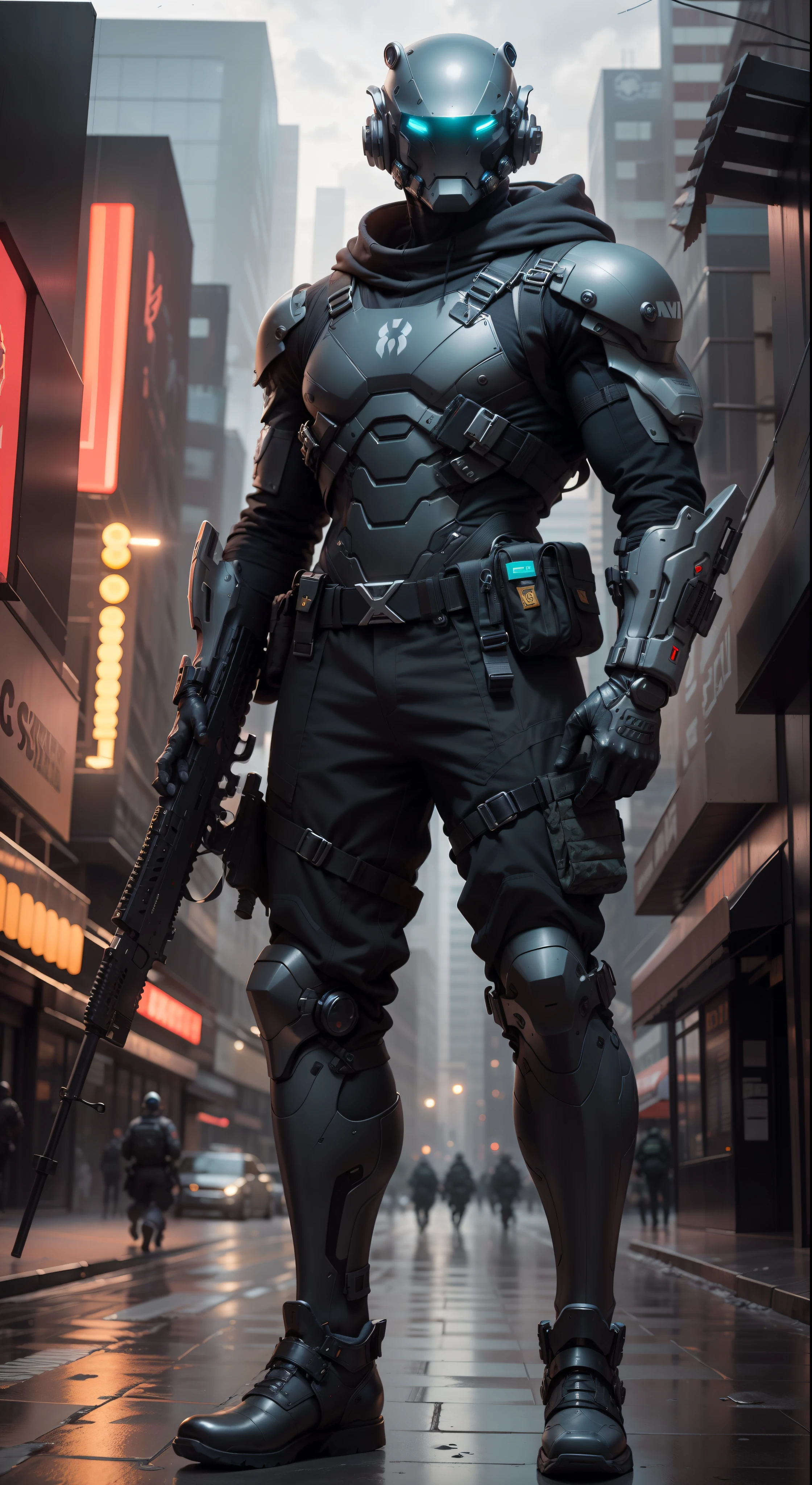 1man, a futuristic-looking male military commander with a fantastic ((square cyberhelmet head with blue lights)) and a pair of mechanical feet, wearing a pair of ((iron grey gloves)), no shoes, dressed in ((grey FROG suit)), standing in cyberpunk city, holding weapon, holding gun, rifle, handgun, assault rifle, wearing epTactical, face focus, UHD, anatomically correct, best quality, masterpiece, full body panel