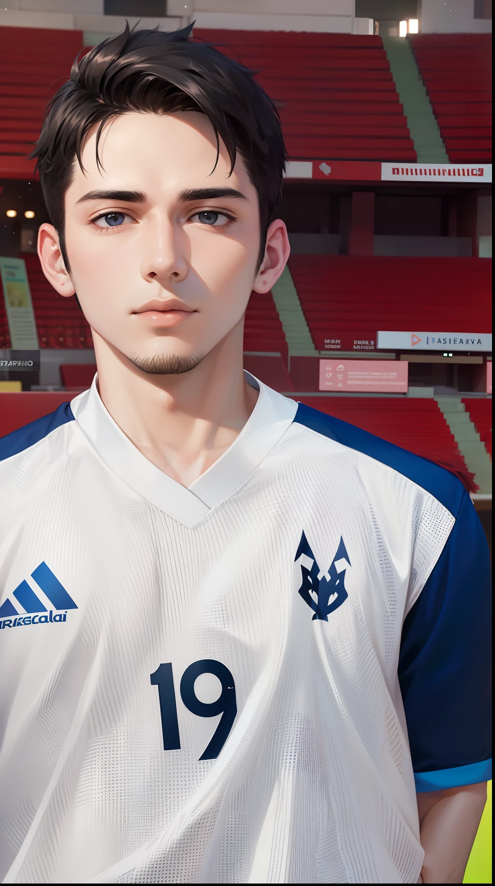 Attractive profile picture, 1 handsome boys, masterpiece, ultra-precise rendering, beautiful and cool young man, trustworthy, dependable young man, savior of the world, simple design, most beautiful image, 4K, v neck, facial hair, black hair.