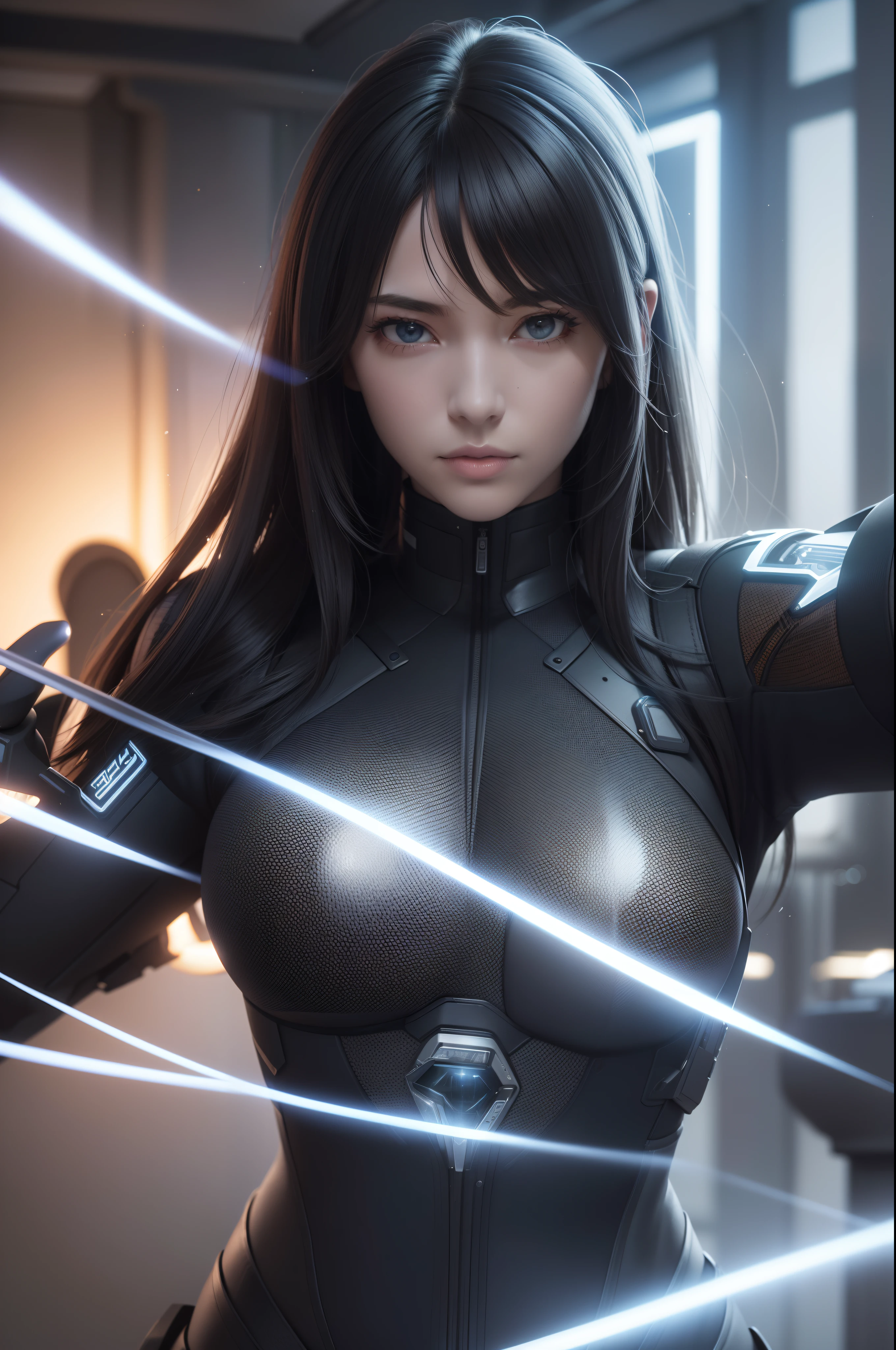 ((Best quality)), ((masterpiece)), (detailed:1.4), 3D, an image of a beautiful cyberpunk female with thick voluminous hair,light particles, pure energy chaos antitech,HDR (High Dynamic Range),Ray Tracing,NVIDIA RTX,Super-Resolution,Unreal 5,Subsurface scattering,PBR Texturing,Post-processing,Anisotropic Filtering,Depth-of-field,Maximum clarity and sharpness,Multi-layered textures,Albedo and Specular maps,Surface shading,Accurate simulation of light-material interaction,Perfect proportions,Octane Render,Two-tone lighting,Wide aperture,Low ISO,White balance,Rule of thirds,8K RAW