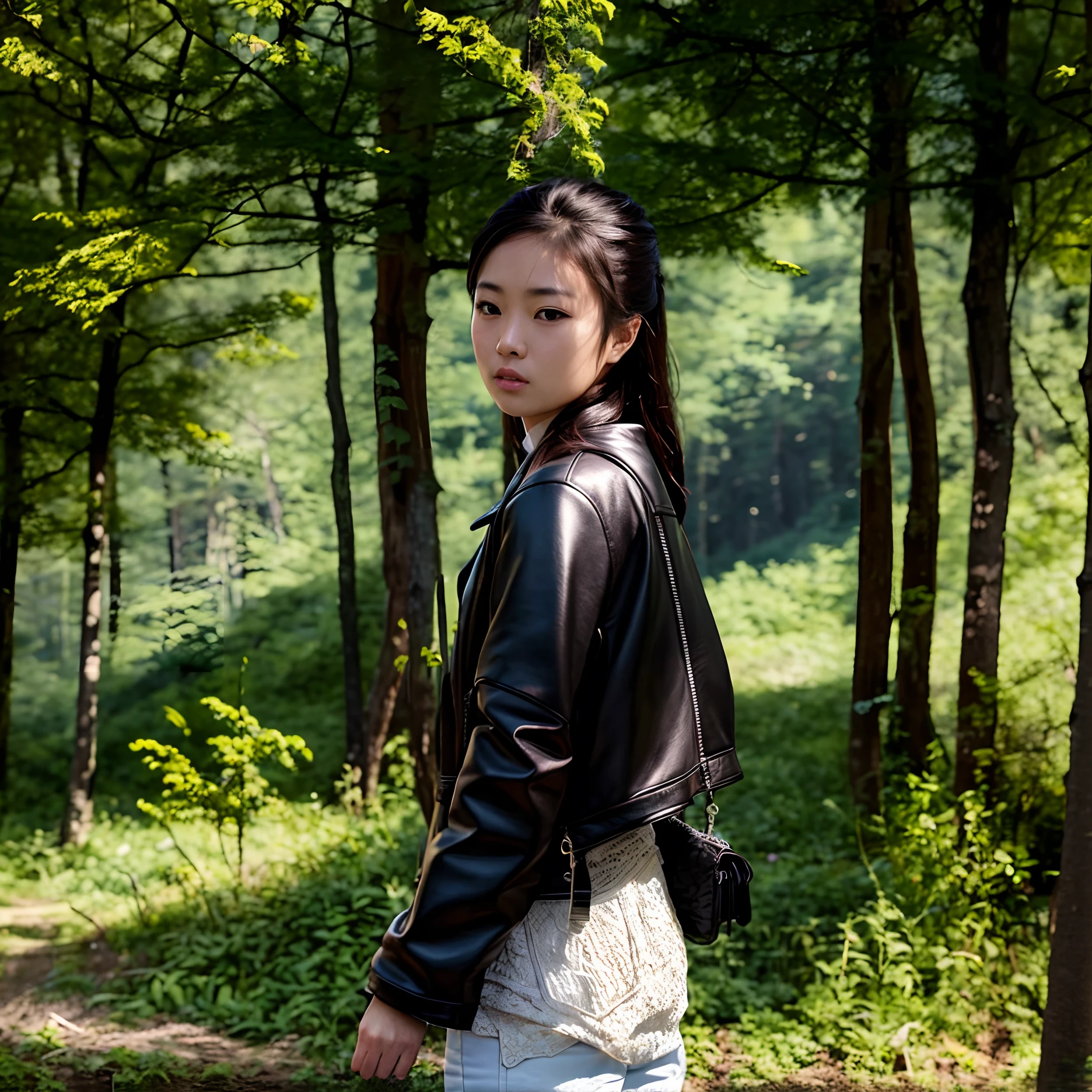 A high quality anime portrait,Close-up Shot Shot,A woman stood in the woods,Carrying a purse, A young Asian woman, shot with sony alpha 1 camera, Young Asian girl, Shin Jinying, Korean girl, Young Asian woman