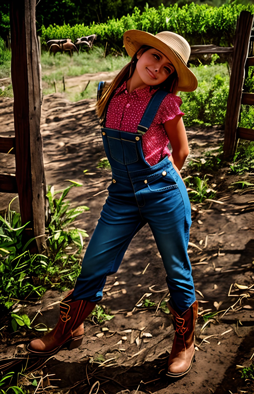 Araffe girl in jumpsuit and cowboy boots posing for a photo, vestindo roupas de fazenda, Vaqueira, wearing overalls, wearing blue jean overalls, Estilo campestre, wearing a straw hat and overalls, Cowgirl ocidental, catsuit, Katelynn Mini Estilo Nice, wearing dirty overalls, usando camisola e botas, modelagem para dulce e gabanna