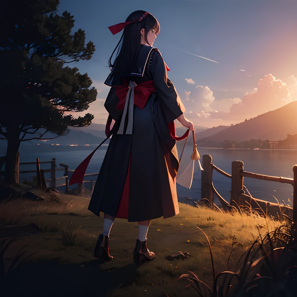 top-quality,masterpiece,超A high resolution,(photographrealistic:1.4), 1girl in,looking at the viewers, PhD Students, horseshoe-shaped hairband, a sailor suit, Old castle , myth , the woods , A Japanese Lady,