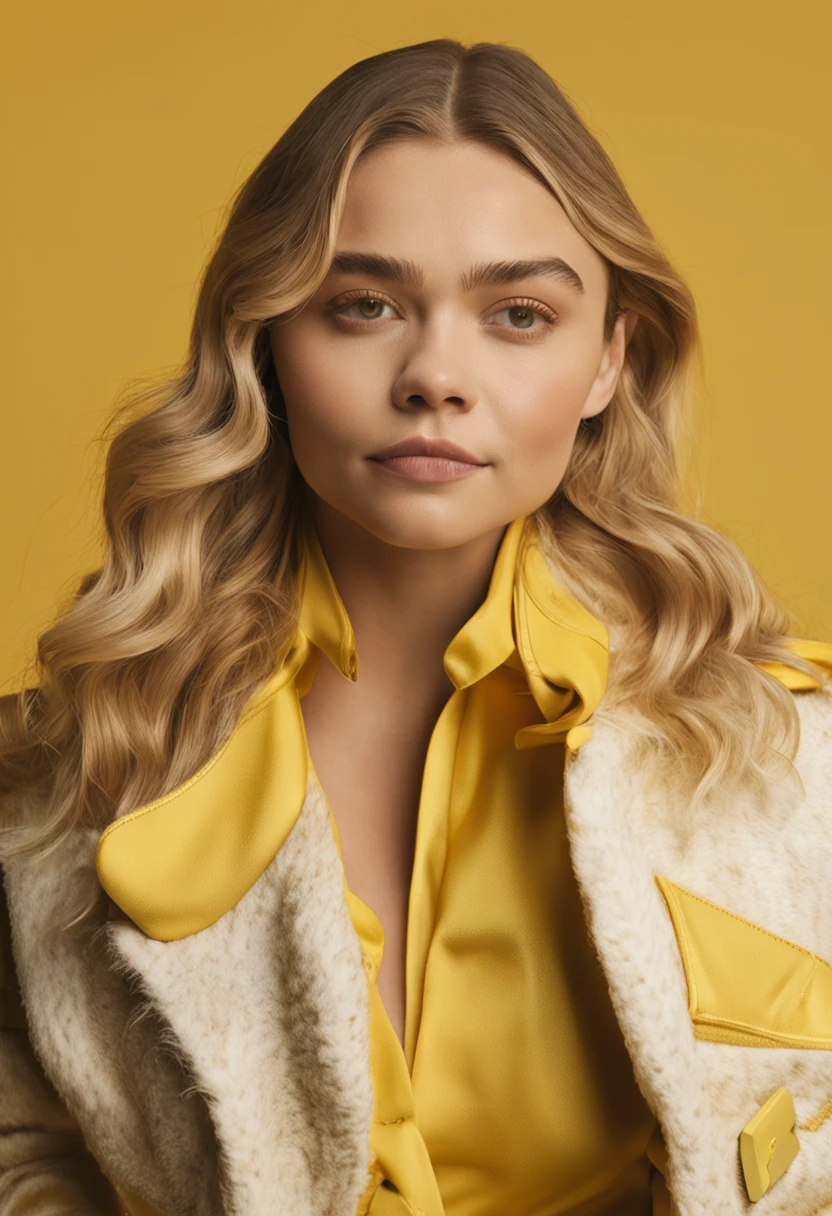 araffe woman with a purse and a yellow background, portrait sophie mudd, promotional images, wavy hair yellow theme, Chloë Grace Moretz, chloe grace moretz, grace moretz, pokimane, promotional image, solo photoshoot, chloe moretz, photo from a promo shoot, promotional photoshoot, promotional shot, promotional portrait, cynthwave, joey king