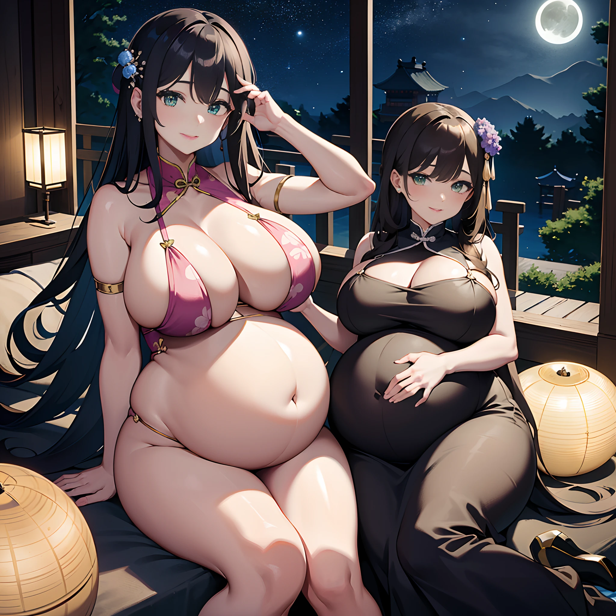 Masterpiece, Best quality, Night, full moon, 1 girl, Mature woman, Chinese style, Ancient China, The beautiful man looked at her pregnant belly and smiled, Big Baby Bump pregnant, Bigboobs, Nippur,Big black balloon big pregnant belly, Big Pregnant girl, Largest Belly of Pregnant, Huge Pregnancy, Huge 60 months gestational belly,Brown hair, Princess cut, Single strips of fried dough twisted braid, Coiled hair, Double ball head, Light pink lips, calm, Intellectual, mid hair, green pupills, Hairpin, hydrangea,