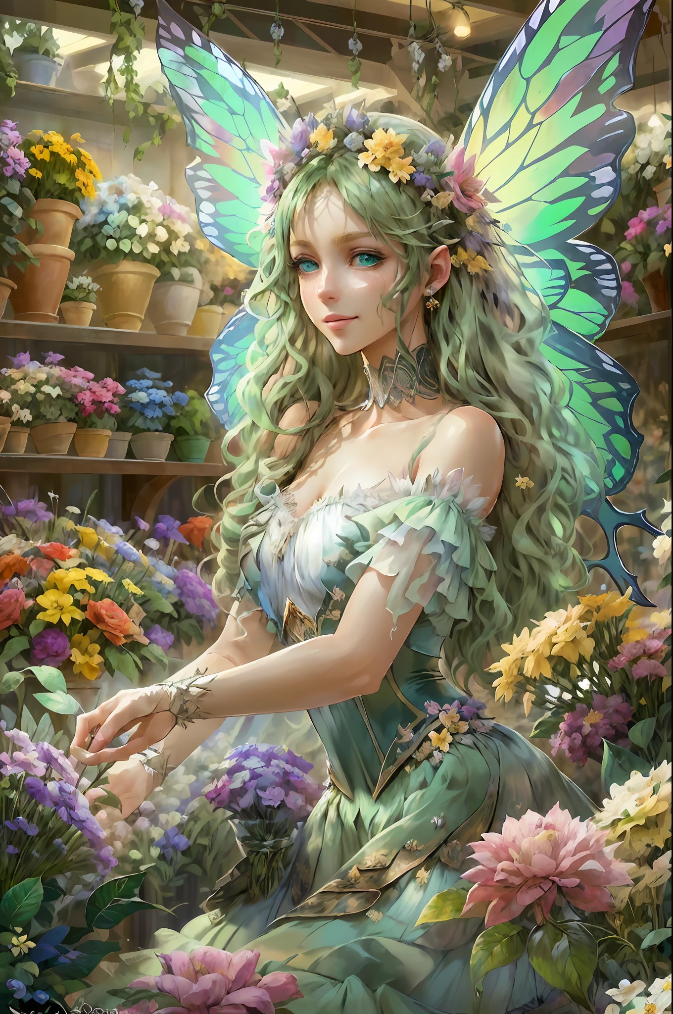 high details, best quality, 16k, RAW, [best detailed], masterpiece, best quality, (extremely detailed), full body, ultra wide shot, photorealistic, fantasy art, RPG art, D&D art, a picture of a fairy selling flowers in a florist shop, extremely beautifil fairy, ultra feminine (intense details, Masterpiece, best quality), butterfly wings (intense details, Masterpiece, best quality), multy colors wings (intense details, Masterpiece, best quality), light green hair, long hair, shinning hair, flowing hair, shy smile, innocent smile, blue eyes, wearing bright skirt, dynamic elegant shirt, chocker, wearing high heels, in flower shop (intense details, Masterpiece, best quality), extreme many flowers (intense details, Masterpiece, best quality), colorful flowers (intense details, Masterpiece, best quality), flower shop in a modern era street, High Detail, Ultra High Quality, High Resolution, 16K Resolution, Ultra HD Pictures, Ultra Realistic, Clear Details, Realistic Detail, Ultra High Definition