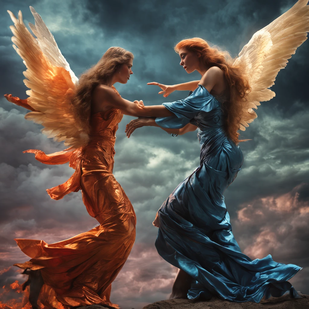 Beautiful angels fighting demons