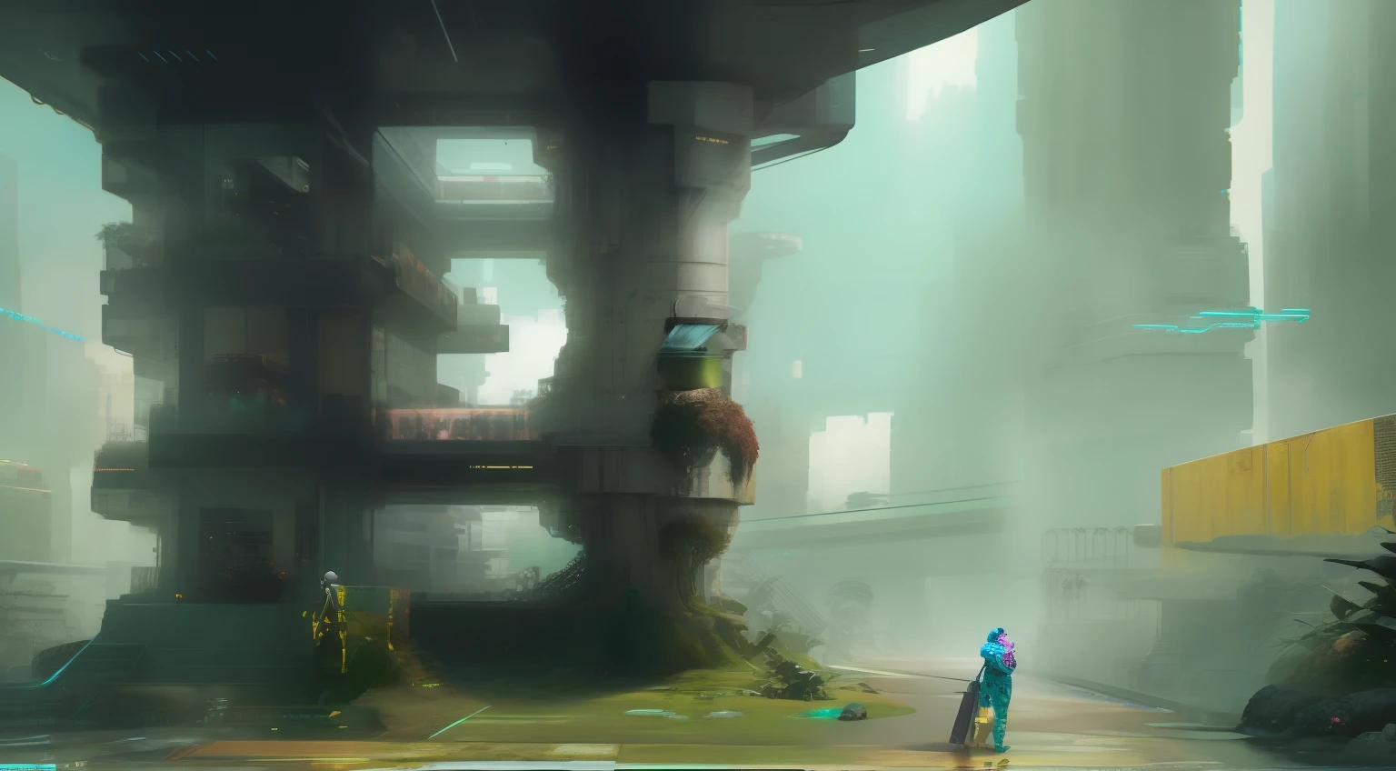 Futuristic city with a man and a woman standing in front of a tall ...