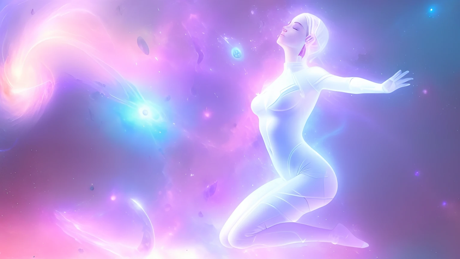 arafed woman in a white bodysuit is jumping in the air, powerful woman sitting in space, astral travel, cyborg goddess in cosmos, cosmic goddess, elven spirit meditating in space, astral projection, divine cosmic female power, in the astral plane ) ) ), floating in a cosmic nebula, floating in the cosmos nebula, quality astral projection render, galactic sized goddess