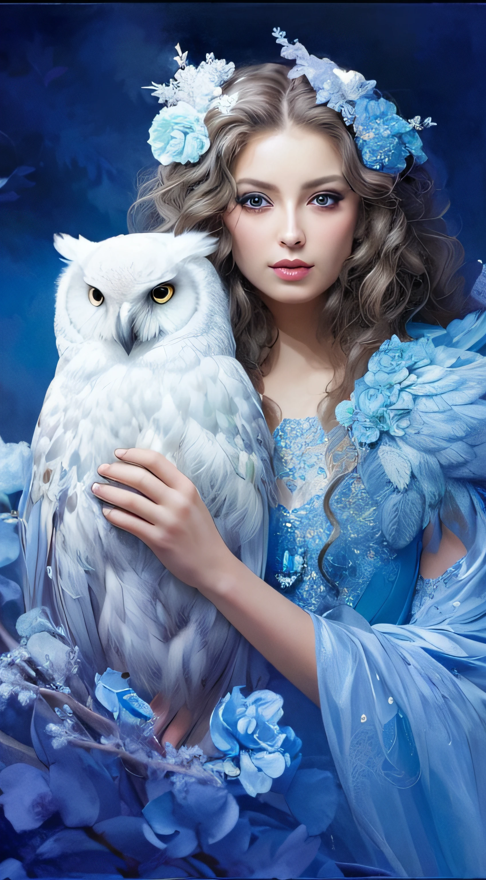 arafed image of a woman in a blue dress holding an owl, by Nene Thomas, goddess of winter, beautiful fantasy art, graphic artist magali villeneuve, magali villeneuve', karol bak uhd, beautiful fantasy art portrait, inspired by Ruth Sanderson, in style of anne stokes, style of karol bak, by Anne Stokes