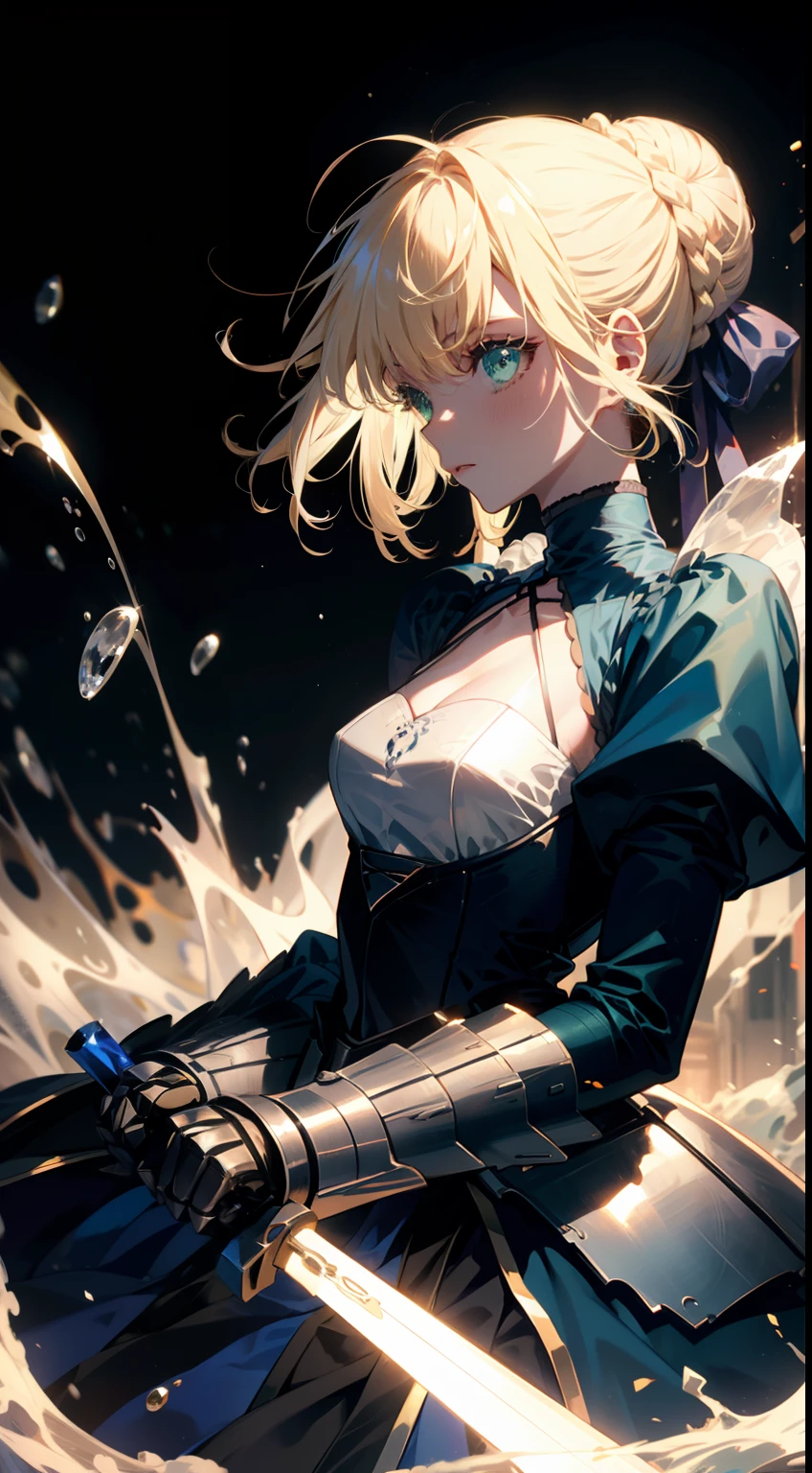 masterpiece, 1girl,bra, skirt, standing, (green eyes), (golden), ancient,BREAK (beautiful scenery),(perfect face), BREAK cinematic, phSaber,, 1girl, solo, armor, gauntlets, weapon, armored dress, sword, holding, french braid, holding weapon, holding sword, blue dress, long sleeves, puffy sleeves, glowing weapon, glowing, blue ribbon, glowing sword, bangs, hair bun, french braid, juliet sleeves, hair between eyes, breastplate, short hair, single hair bun, BREAK particles, magic, spell, gold particles, artistic, cinematic, asthetic