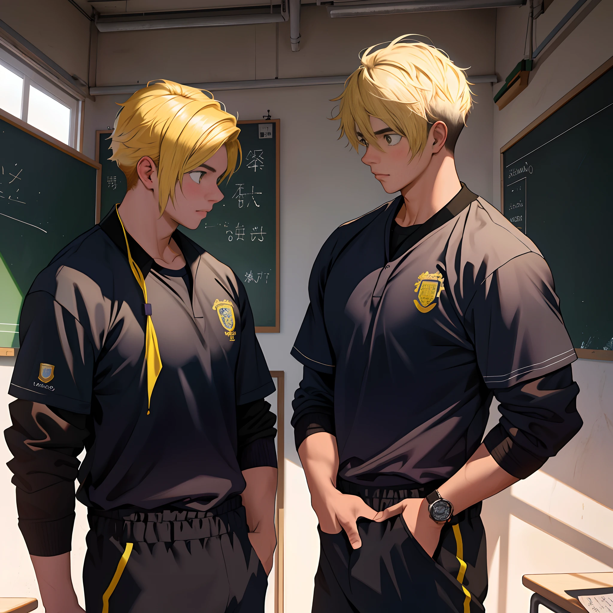 2boys , Parlero, dentro, (obra maestra, La mejor calidad, absurdos ), escuela,Classroom, Ropa deportiva,looking at eachother , rubor claro,