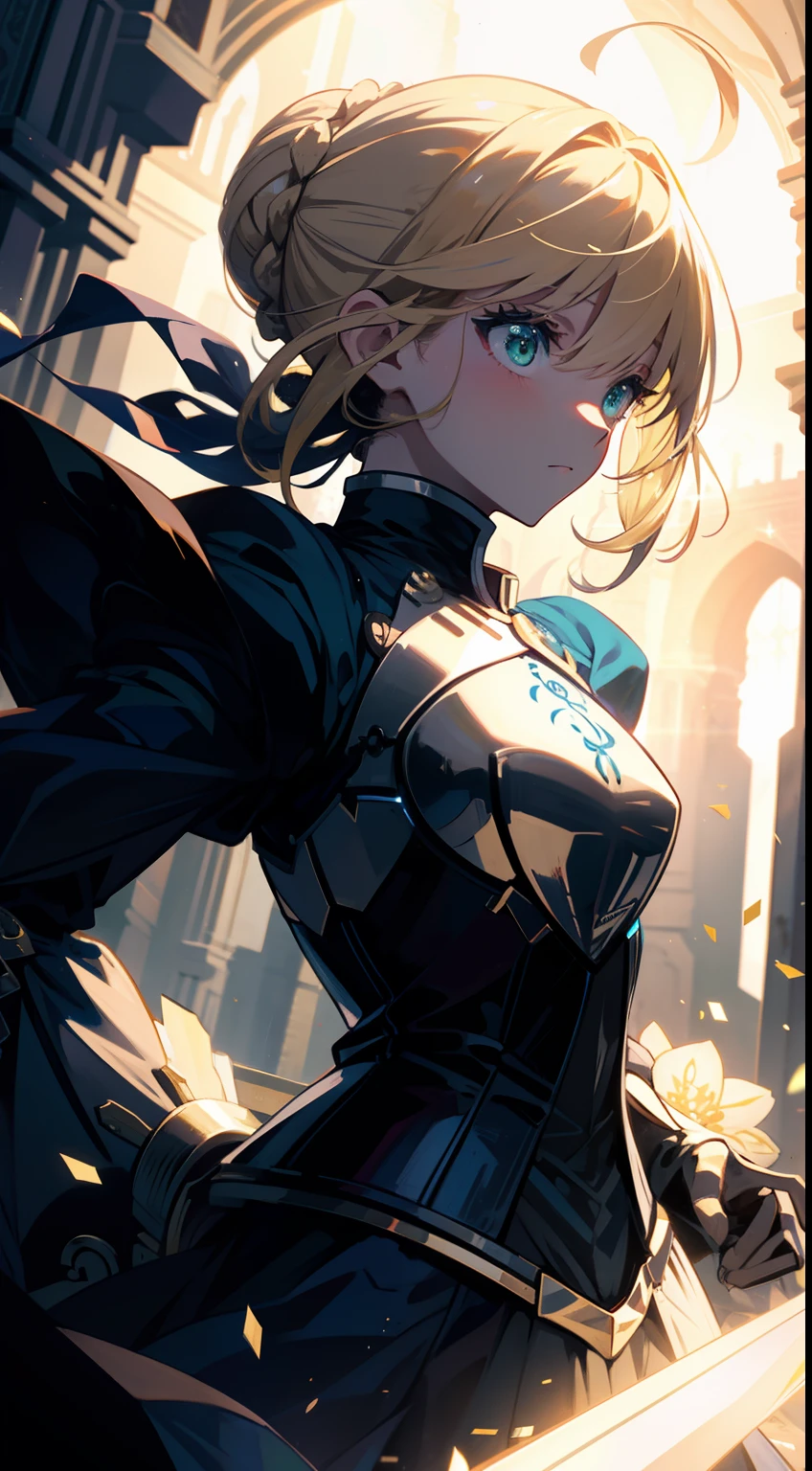 masterpiece, 1girl,bra, skirt, standing, (green eyes), (golden), ancient,BREAK (beautiful scenery),(perfect face), BREAK cinematic, phSaber,, 1girl, solo, armor, gauntlets, weapon, armored dress, sword, holding, french braid, holding weapon, holding sword, blue dress, long sleeves, puffy sleeves, glowing weapon, glowing, blue ribbon, glowing sword, bangs, hair bun, french braid, juliet sleeves, hair between eyes, breastplate, short hair, single hair bun, BREAK particles, magic, spell, gold particles, artistic, cinematic, asthetic