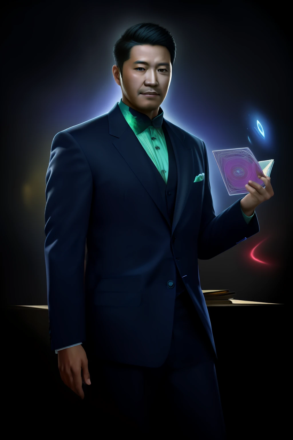 （best qulity，The Masterpiece），（Ultra-detailed colors），A detailed painting depicting A handsome 35-year-old Chinese mature man in a suit surrounded by a flurry of glowing Magic The Gathering cards and the book Dungeons and Dragons in the center.