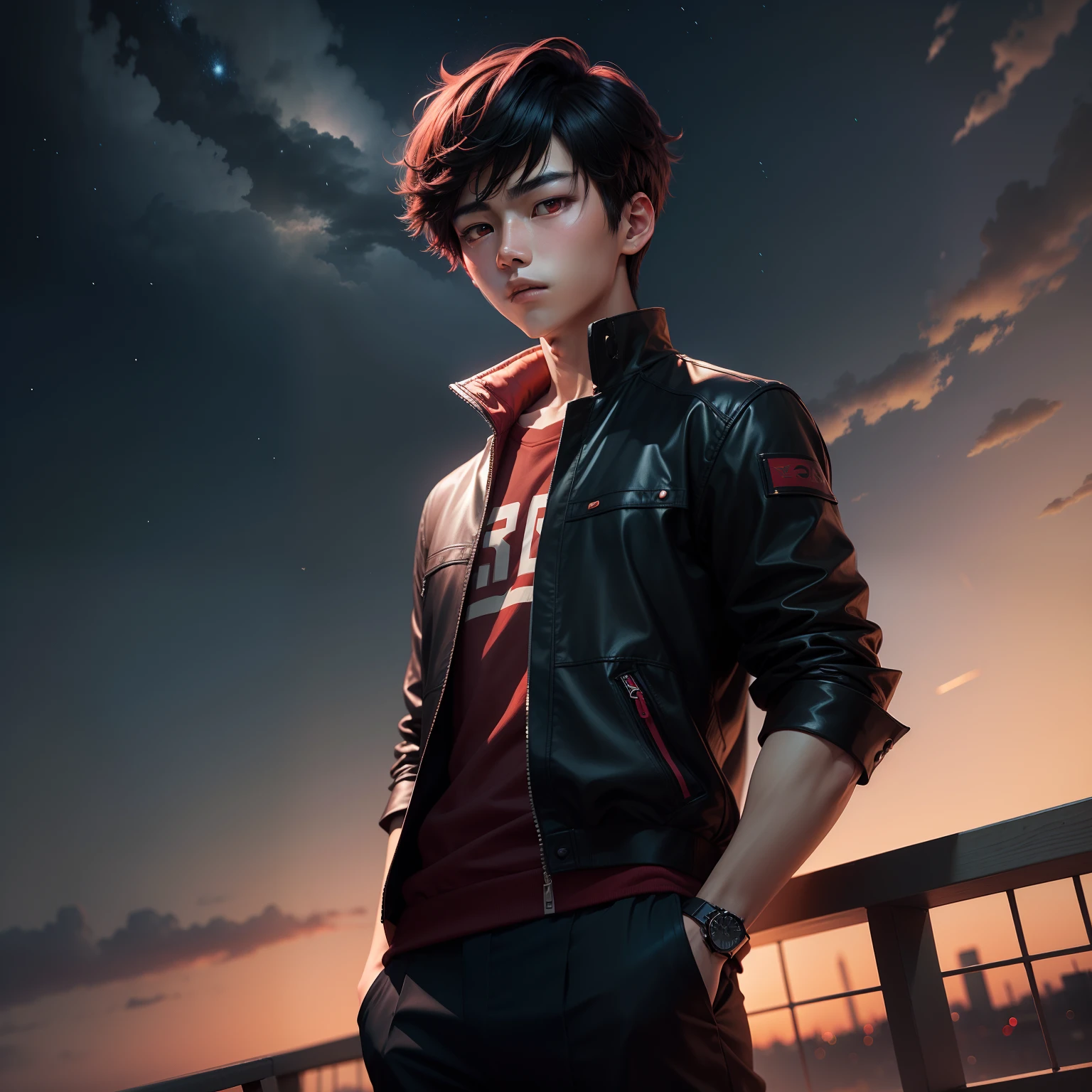 Handsome Korean boy,Red eyes,Black short hair,Looking at Sky at night,Anime style