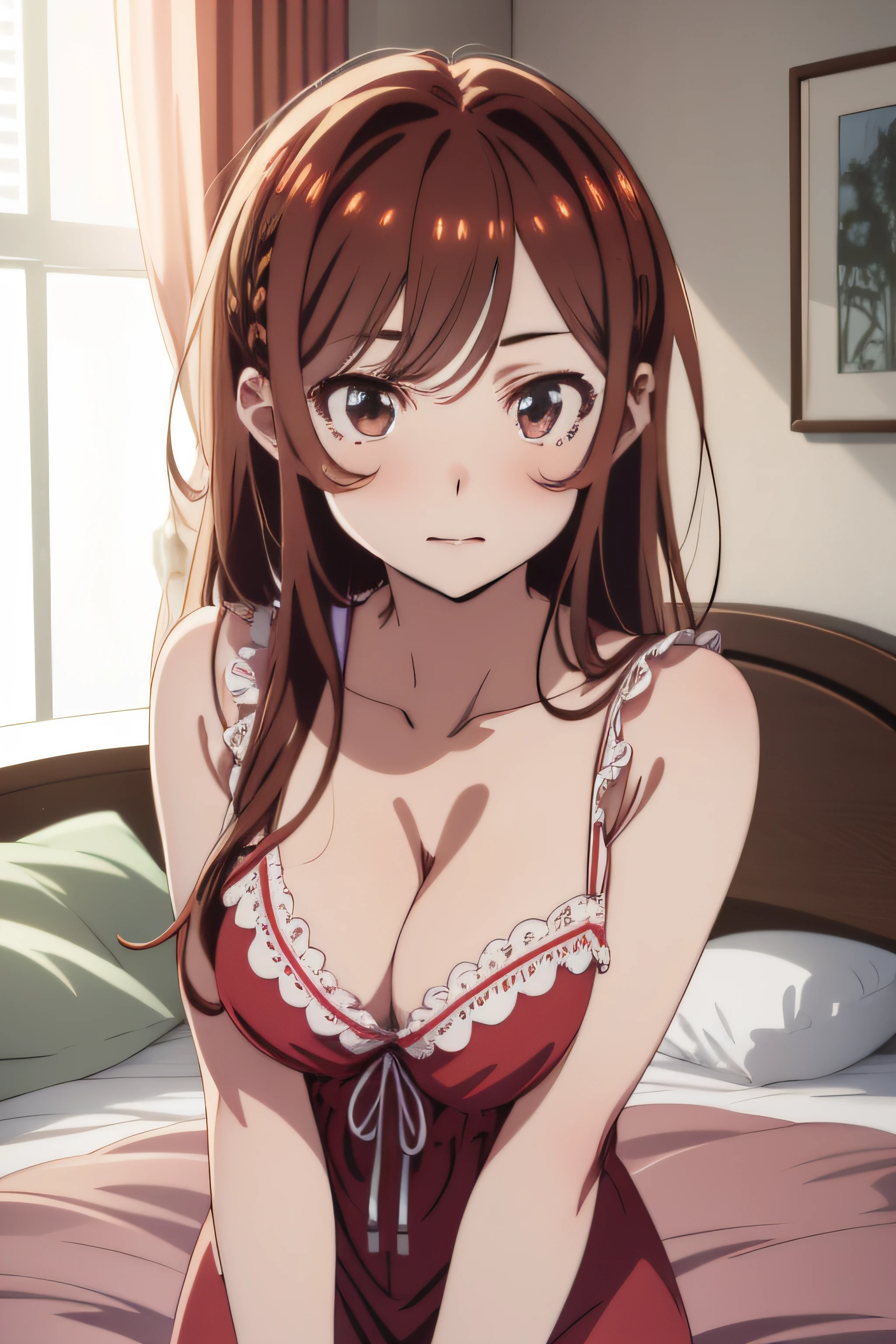 2d, sketch art, one anime woman, brown hair, busty, medium breasts, cleavage, POV, close up, nightgown, (detailed eyes, beautiful eyes), ((brown eyes:1.2)), bedroom