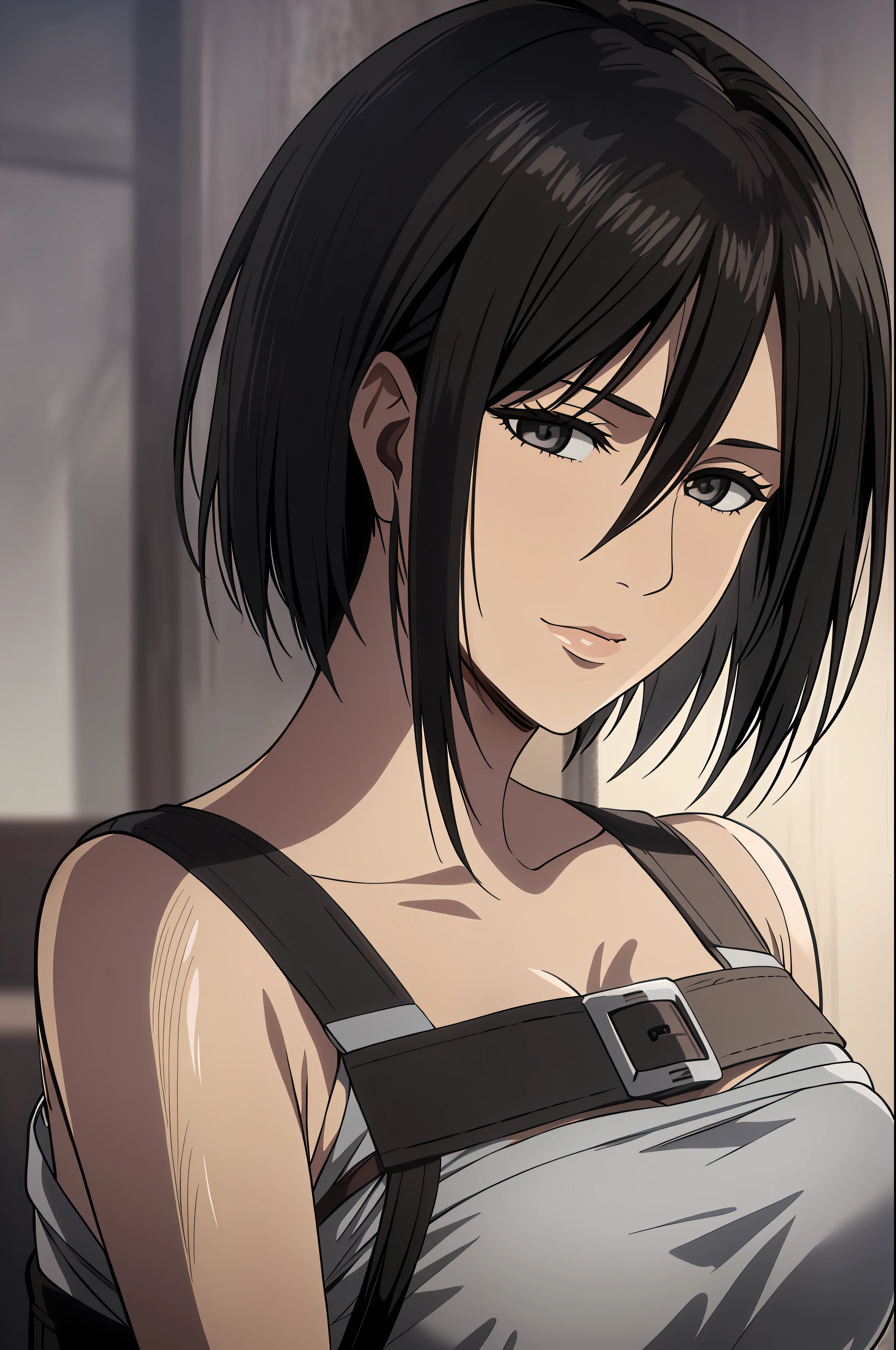 1girl, mikasa ackerman, (black hair:1.3), hair between eyes, short hair, sideburns, gray eyes, lips, cleavage, close up, solo, lips,, masterpiece, best quality,