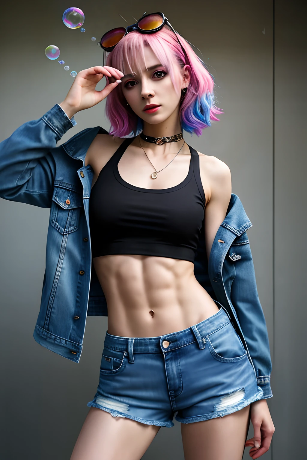drunken beautiful woman 1girl as delirium from sandman, (hallucinating colorful soap bubbles),
abs, fit, thin, wearing a black crop top jean jacket and jean shorts, punk rock, tank girl, high detailed, 8k