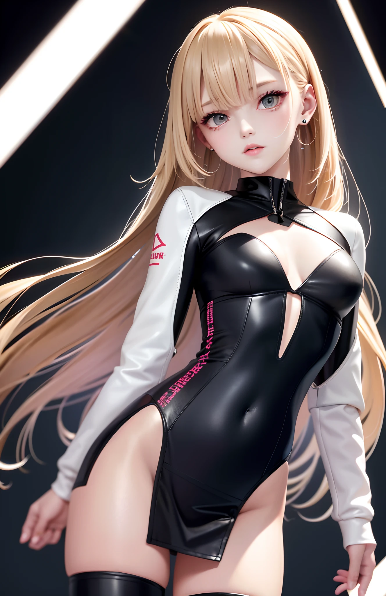 optimum,tmasterpiece,A high resolution,best qualtiy,hyper HD,super detailing,Award-Awarded,16k,独奏,((The upper part of the body)),((Bust)),anatomy correct,Beautiful cyberpunk girl,cute face,,Gradient Beige Hair,Hairline,((Scarlet eyes)),long eyelasher,Hanging eye corners,White skin of the,(small boobs),(Slim body),((Women's extra short shawl leather jacket)),((racing_suit)),((High-Low_long skirt)),ear studs,(Neck strap),(Laser material clothing:1.2)