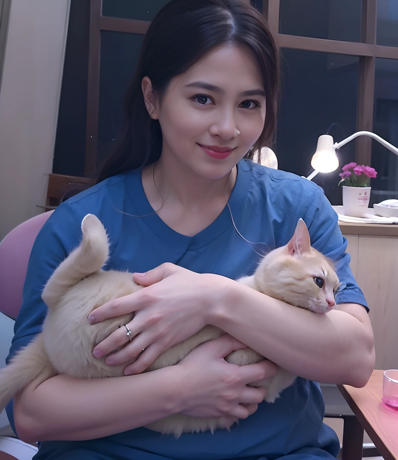 woman holding a cat in her arms while sitting at a table, she is holding a cat in her arms, with small cat on lap, holding a cat, big cheeks holding her cat, woman and cat, exclusive, local conspirologist, there is a cat next to her, jacqueline , cute furry needs your help realistic beautiful
