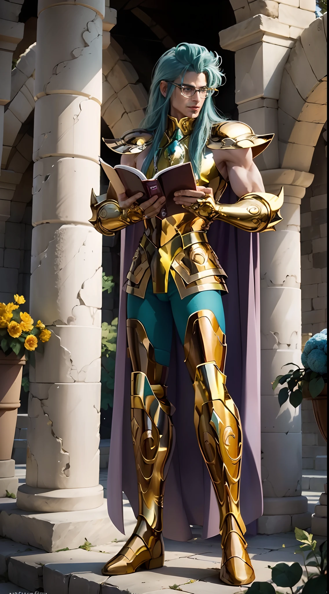 A man, male details, Degel Aquarius from Saint Seiya, masterpiece, best quality, highly detailed RAW color photo, sharp focus, 8k high definition, (reading glasses:1.5), (holding a book:1.2), long hair, turtle neck, male wearing gold armor, light turquoise green hair, tight-fitting green undergarment beneath armor, purple eyes, leg armor, shoulder armor, yellow armor, reflection on armor, headset, yellow headband, sparking armor, white skin-tight transparent vinyl, gentle smile, in an open and well-lit Coliseum with Greek pillars and (garden with flowers:1.1), Aquarius Armor, standing straight, sacredness, landscape, bright, facial freckles (0.1), to8contrast style, posing in a bright Coliseum with Greek pillars, rim lighting (1.4), two-tone lighting with soft highlights, octane, unreal, well-lit, aura of wisdom.