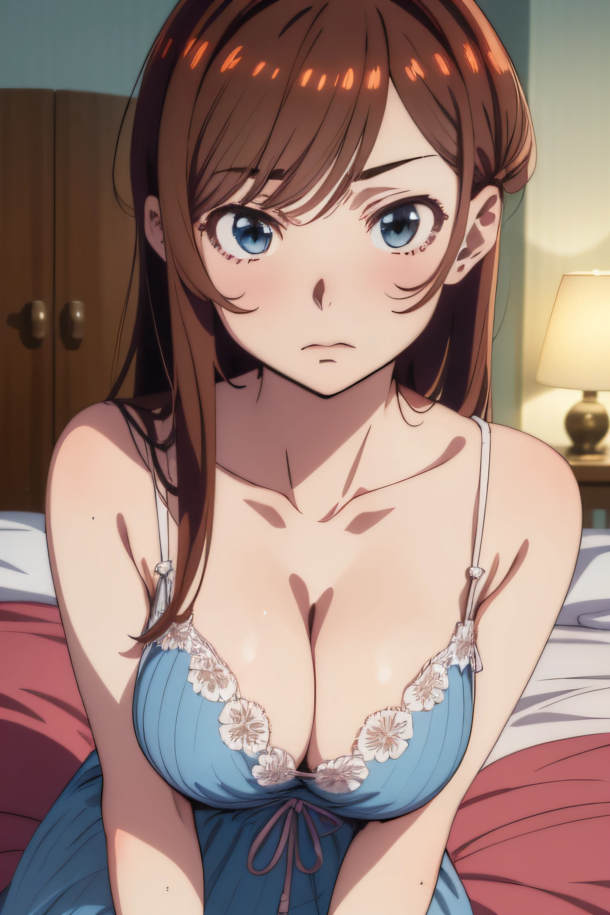 2d, sketch art, one anime woman, sad, brown hair, busty, medium breasts, cleavage, POV, close up, nightgown, (detailed eyes, beautiful eyes, brown eyes:1.2), bedroom