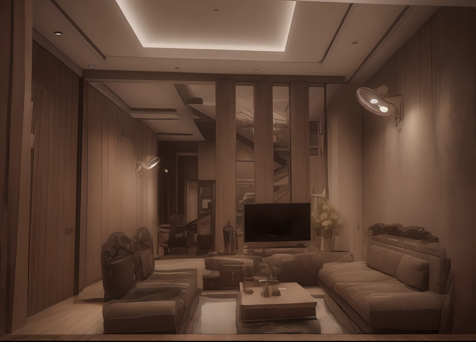 A modern, romantic and elegant living room with light wood furniture. The living room has no windows but is illuminated by elegant led lights. On the wall hangs a large painting of a couple hugging on the beach. A walnut sofa is placed in the middle of the room, on which there are many pillows and fur blankets. A round coffee table is set in front of the sofa, on which there is a tea tray and two glasses of wine. The living room has a TV hanging on the wall, next to a bookshelf filled with magazines and art books. The living room is an ideal place to relax and enjoy the romantic atmosphere.