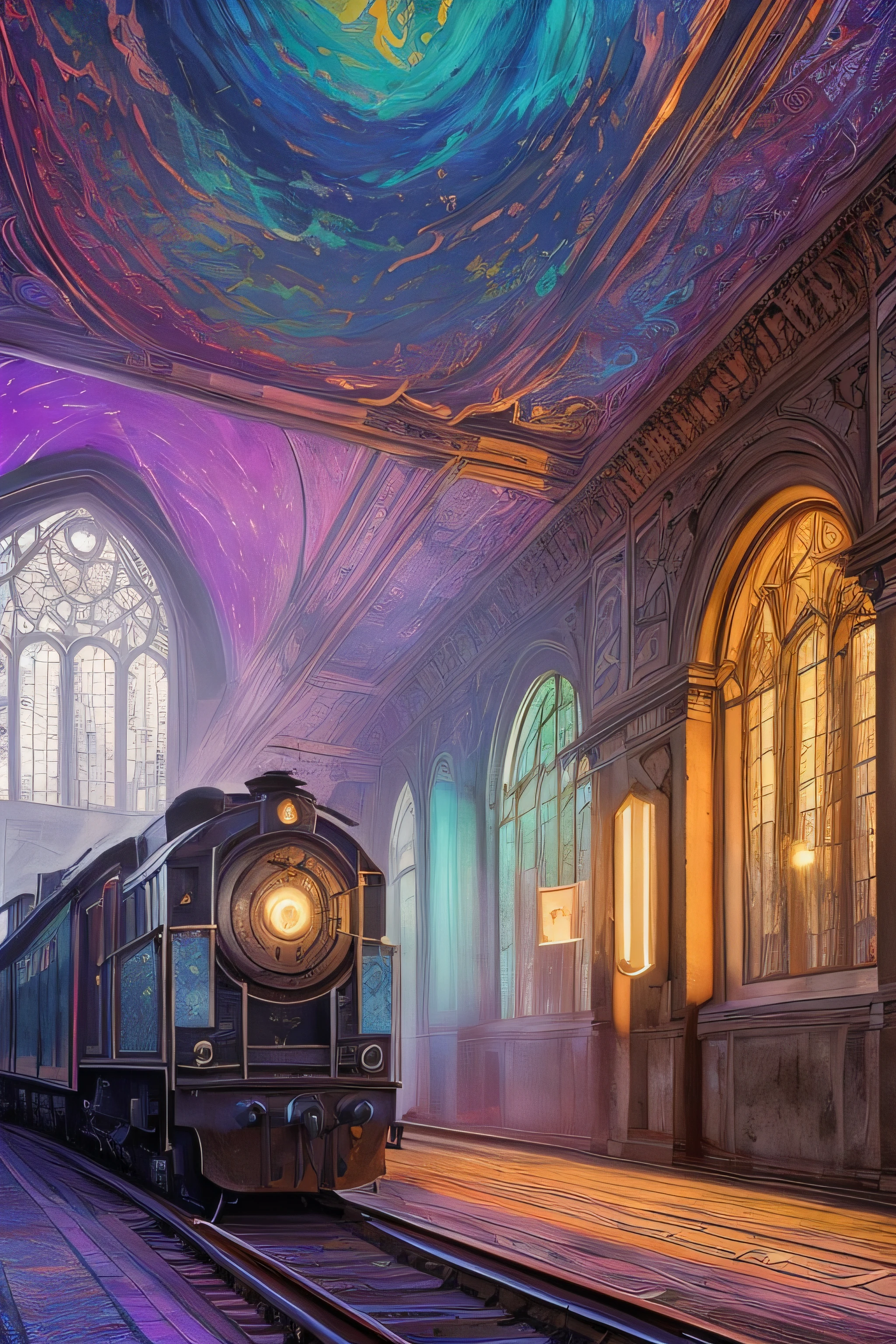 Old railway station, oil painting, blue yellow colors, light purple and violet additions, light red additions, intricate detail, splash screen, 8k resolution, masterpiece, artstation digital painting smooth veryBlack ink flow: 8k resolution photorealistic masterpiece: intricately detailed fluid gouache painting: by Jean Baptiste Mongue: calligraphy: acrylic: watercolor art, professional photography, natural lighting, volumetric lighting maximalist photoillustration: by marton bobzert:, complex, elegant, expansive, fantastical, vibrant