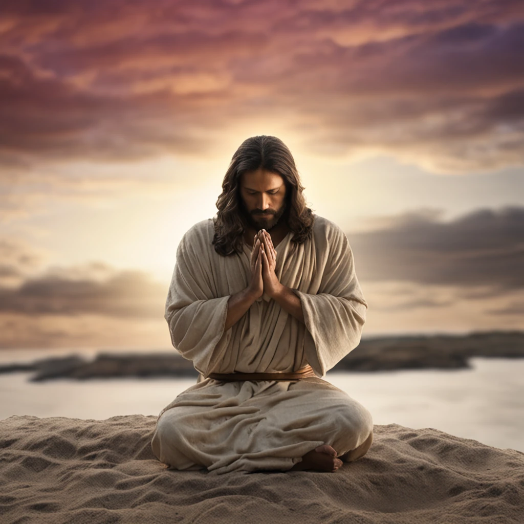 "Gerar uma imagem de Jesus no perfil, captured in a moment of deep prayer, with hands gently clasped together."