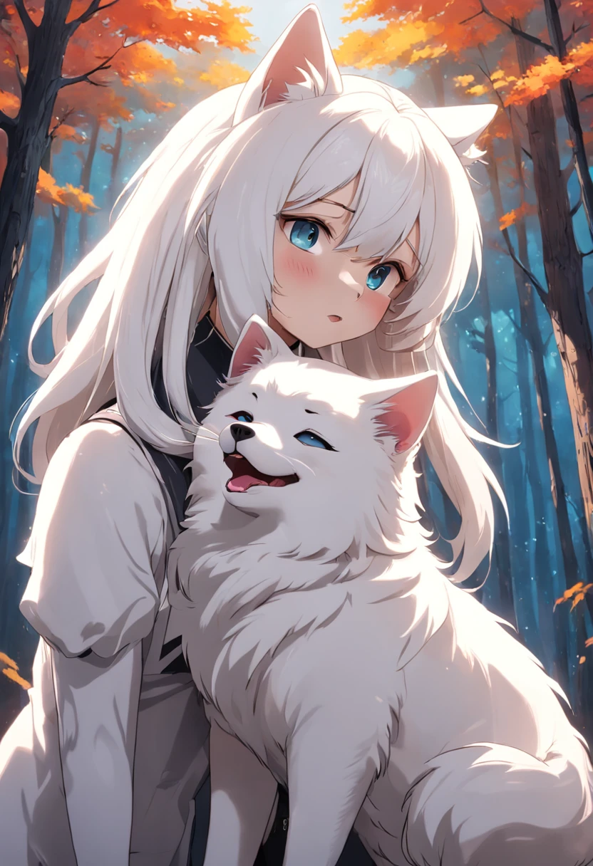 A photo of a Samoyed dog with its tongue out hugging a white Siamese cat