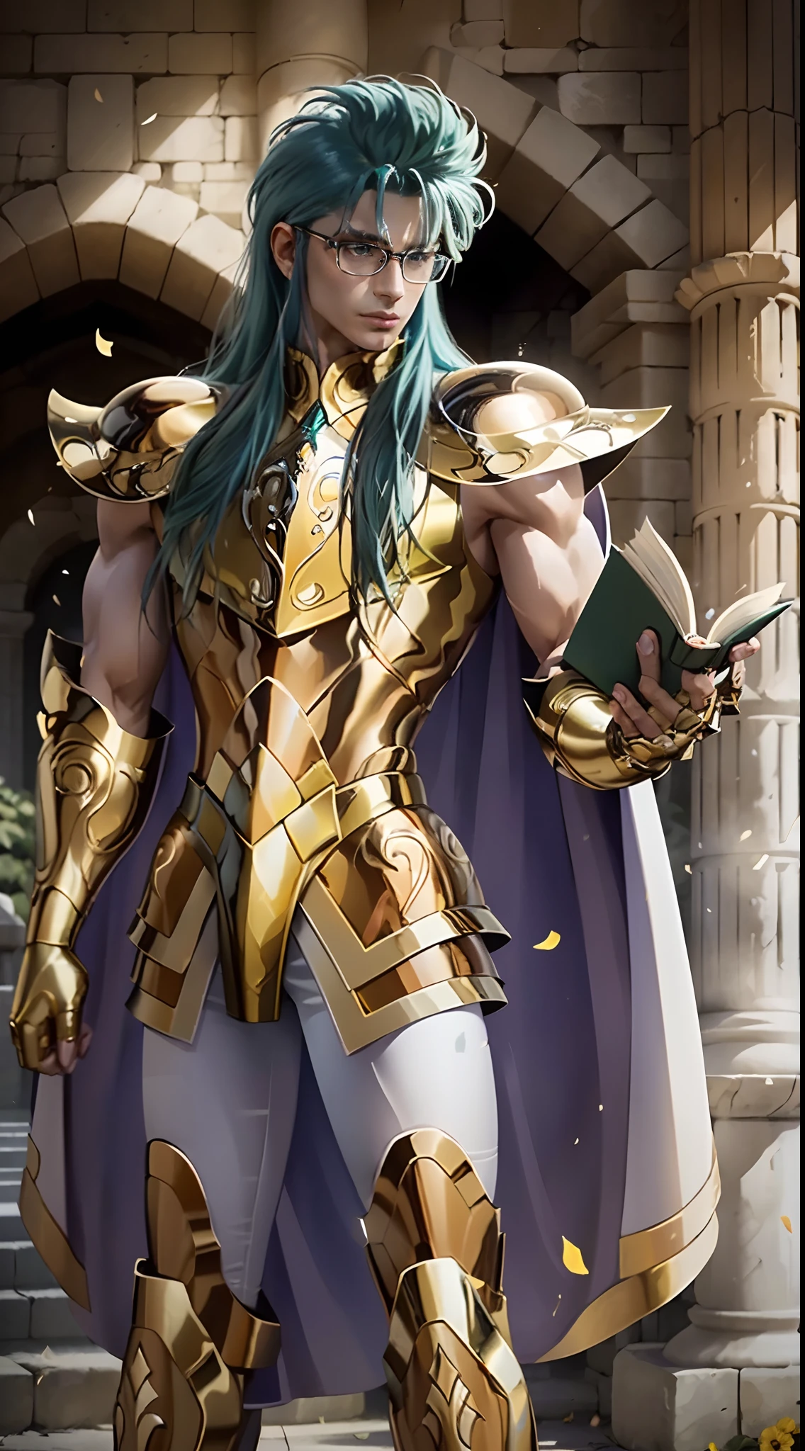 A man, male details, Degel Aquarius from Saint Seiya, masterpiece, best quality, highly detailed RAW color photo, sharp focus, 8k high definition, (reading glasses:1.5), (holding a book:1.2), long hair, turtle neck, male wearing gold armor, light turquoise green hair, tight-fitting green undergarment beneath armor, purple eyes, leg armor, shoulder armor, yellow armor, reflection on armor, headset, yellow headband, sparking armor, white skin-tight transparent vinyl, gentle smile, in an open and well-lit Coliseum with Greek pillars and (garden with flowers:1.1), Aquarius Armor, standing straight, sacredness, landscape, bright, facial freckles (0.1), to8contrast style, posing in a bright Coliseum with Greek pillars, rim lighting (1.4), two-tone lighting with soft highlights, octane, unreal, well-lit, aura of wisdom.