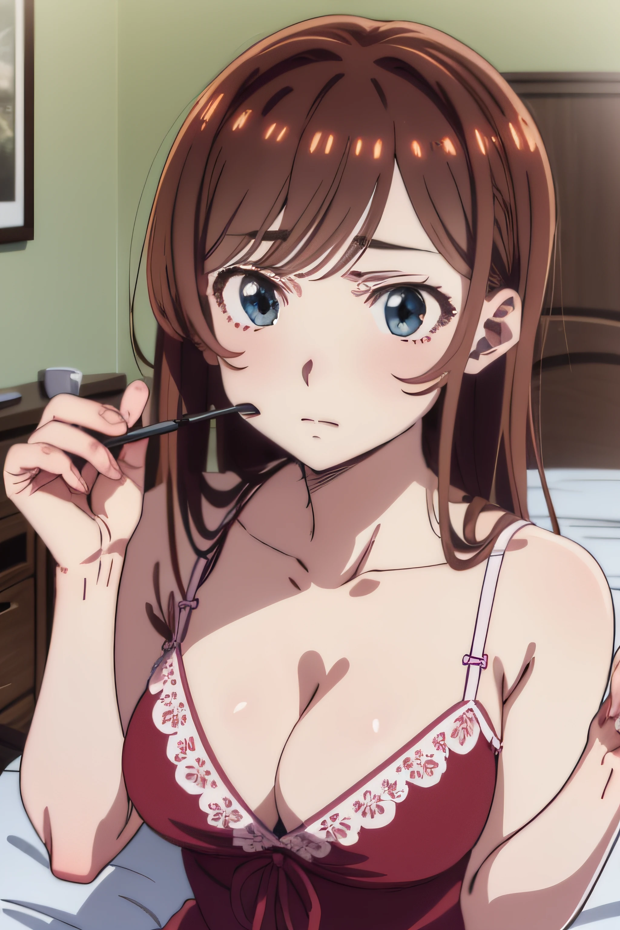 2d, sketch art, one anime woman, sad, brown hair, busty, medium breasts, cleavage, POV, close up, nightgown, (detailed eyes, beautiful eyes), bedroom