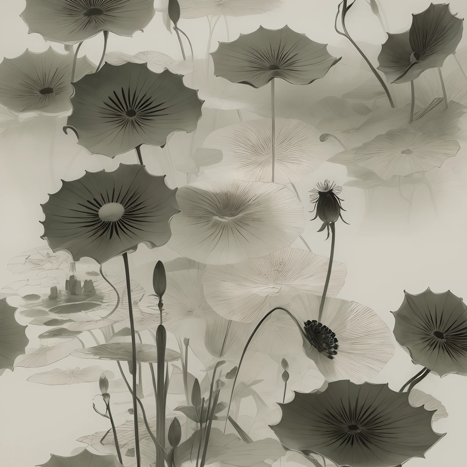 Tradition Chinese Ink Painting,1 black lotus,1 lotus leaf