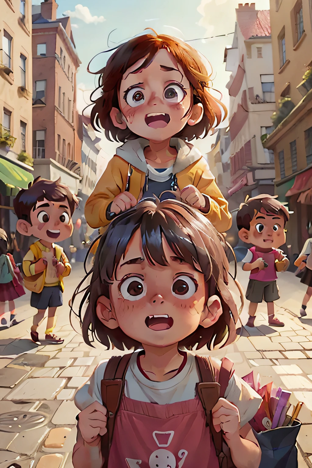 several people on the street, with astonished looks, looking astonished, happy