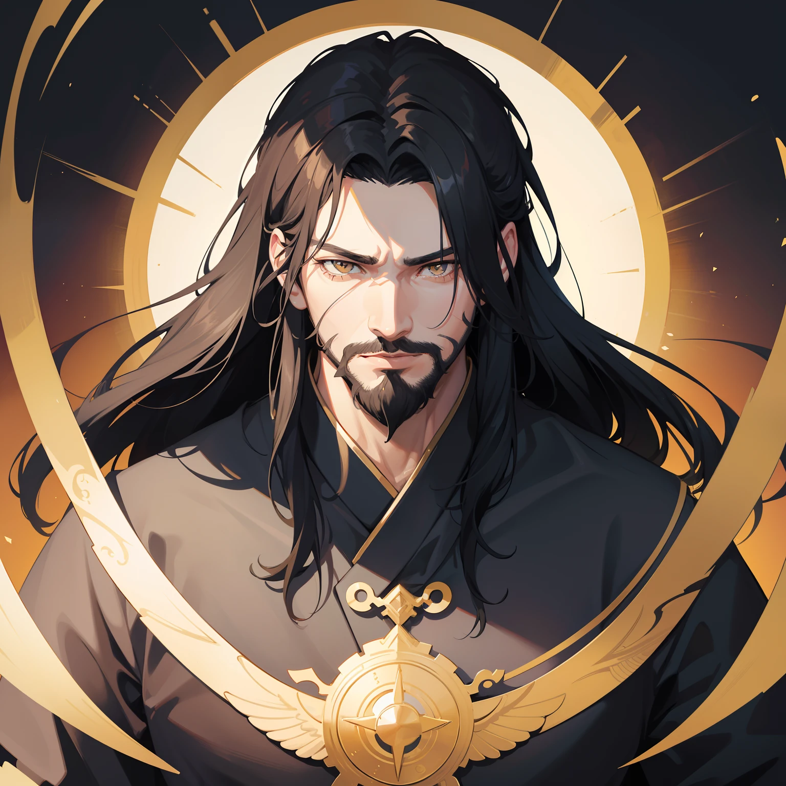 (Portrait, Masterpiece, High Quality, Best Quality, Official Art, Stylish and Aesthetics: 1.2). Staring_the_viewer, a man with black long hair and a big rough face, he's a family man and he has a Stubble Beard., black_hair, long_hair, black_long_hair, rough_face, 40_old_age, Stubble_Beard, Yellow_amber_eyes, amber_eyes, (masterpiece, best quality, ultra-detailed, highres, best illustration) very detailed background,extreme light and shadow,(detailed eyes), (beautiful) beautiful detailed eyes, perfect lighting , perfect anatomy,(extremely detailed illustrated 8k wallpaper),(masterpiece), (best quality), (ultra-detailed), (best illustration),(best shadow), vivid colors. 1men. XianXian Style, Ary_Xianxian, chinese_xianxian.