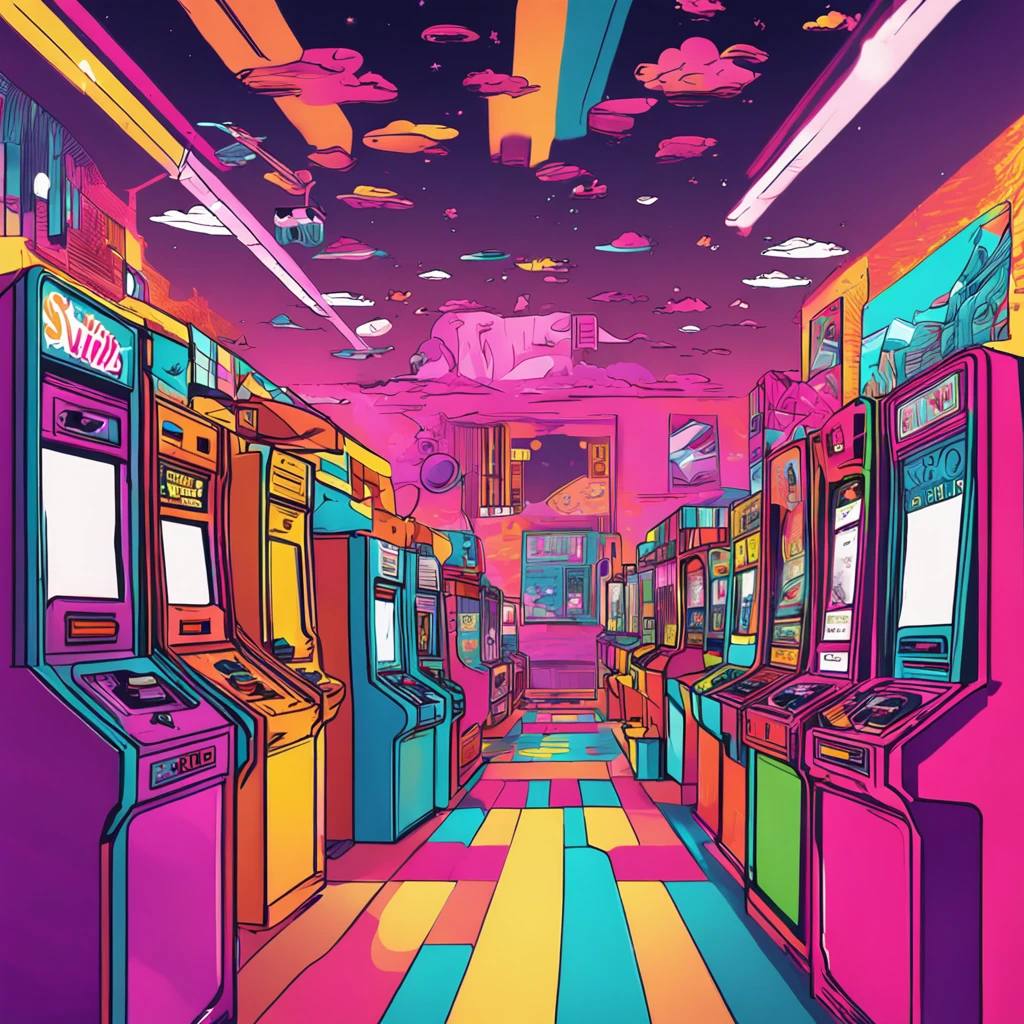 a poster inspired by the 90s aesthetic that includes anime, arcade, nostalgic and colorfull colors