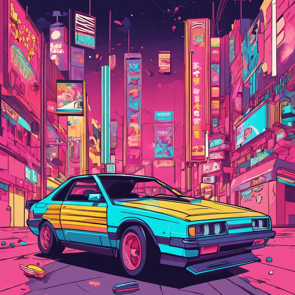 a poster inspired by the 90s aesthetic that includes anime, arcade, nostalgic and colorfull colors